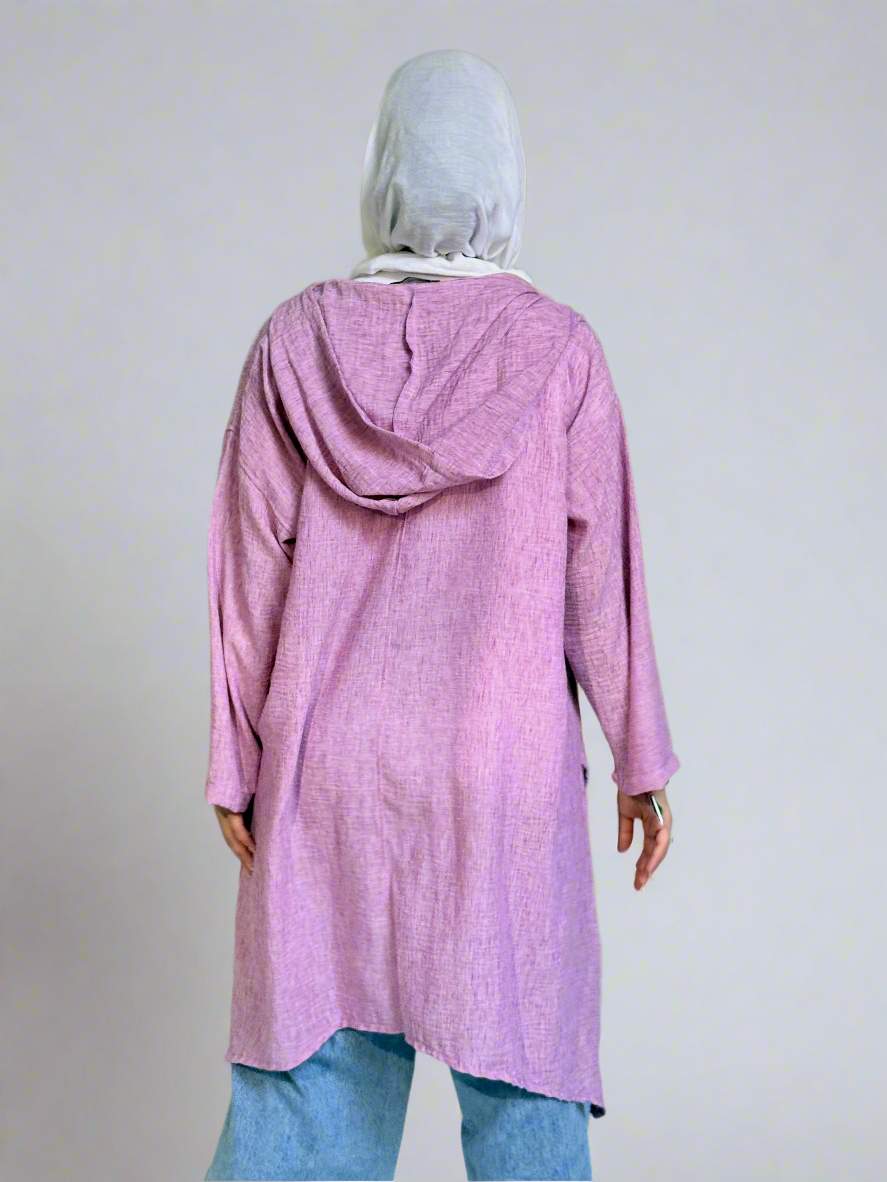 Hoodie High Low Pockets Shirt in Orchid Pink.