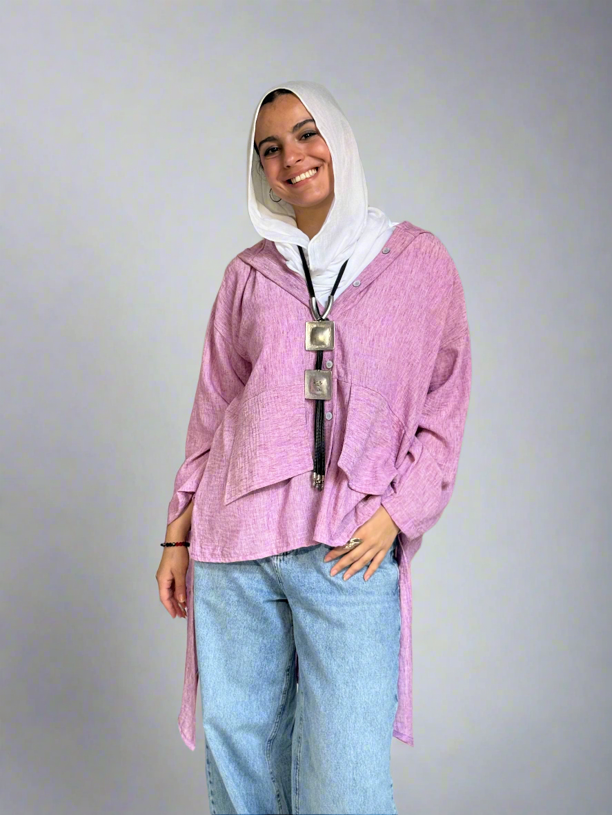 Hoodie High Low Pockets Shirt in Orchid Pink.