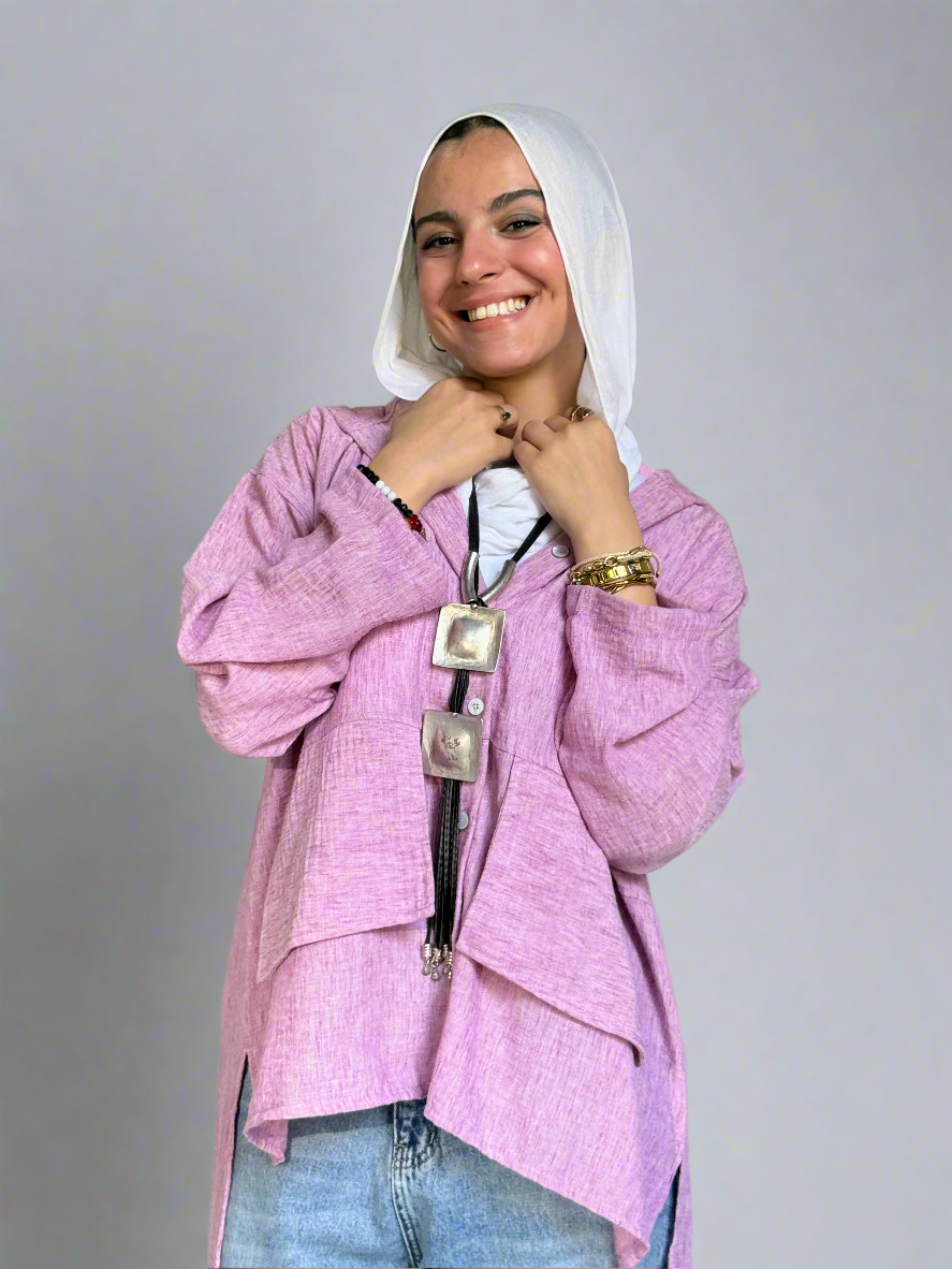 Hoodie High Low Pockets Shirt in Orchid Pink.