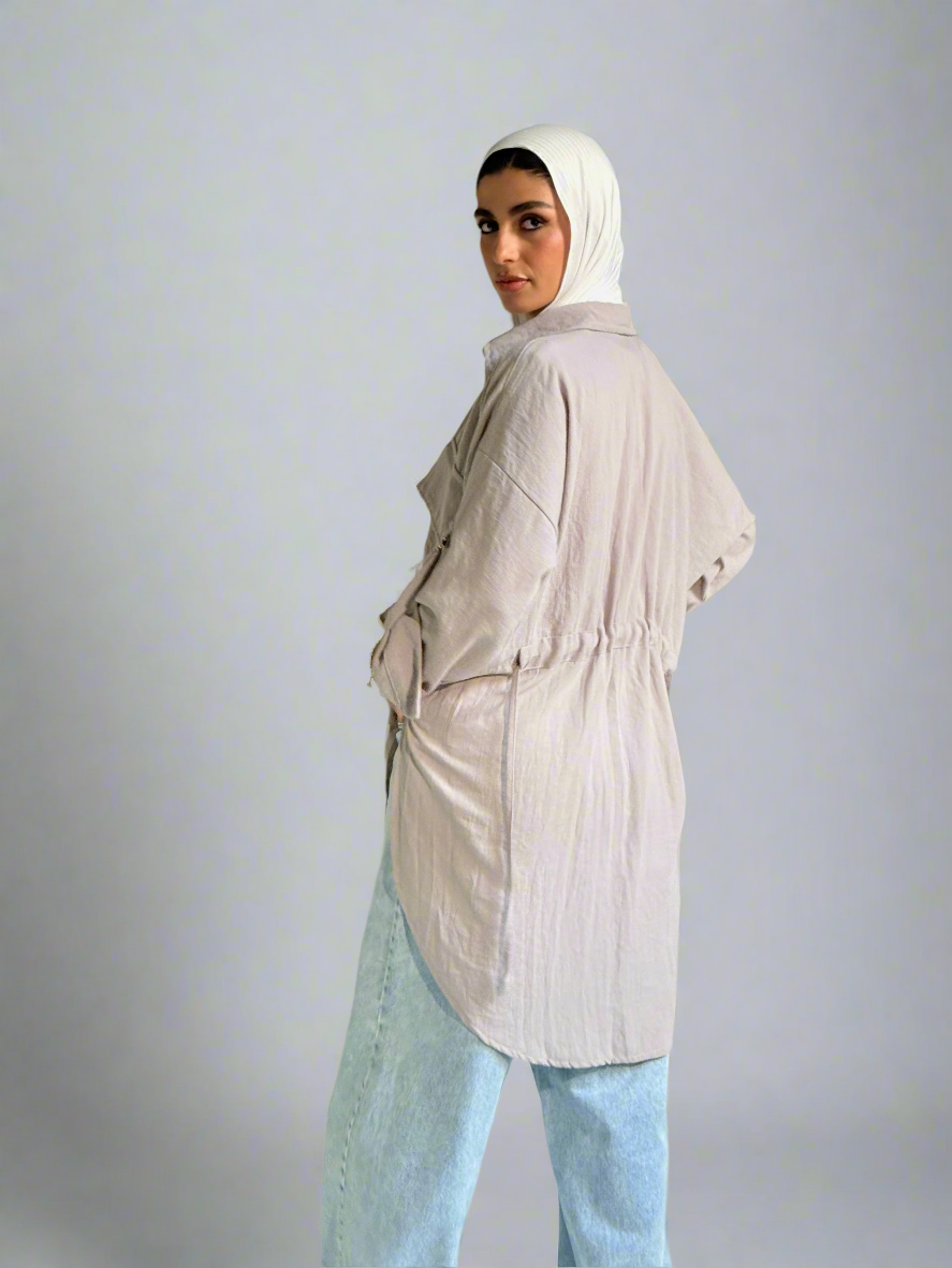 Linen Pockets Oversized High Low Shirt in Light Grey