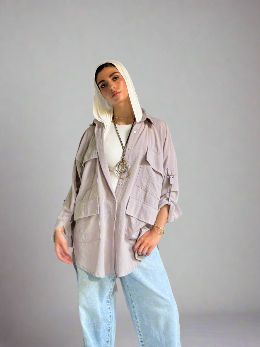 Linen Pockets Oversized High Low Shirt in Light Grey