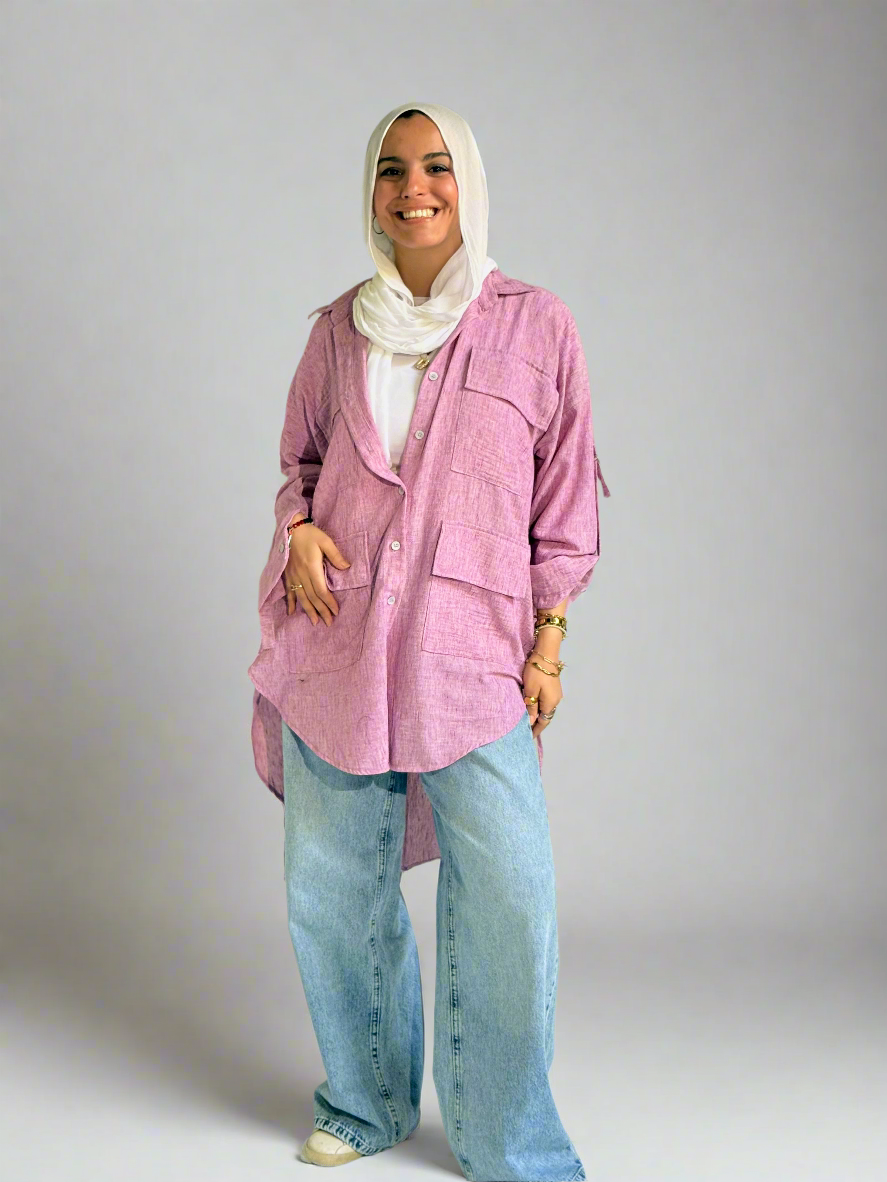 Linen Pockets oversized Shirt in Orchid Pink