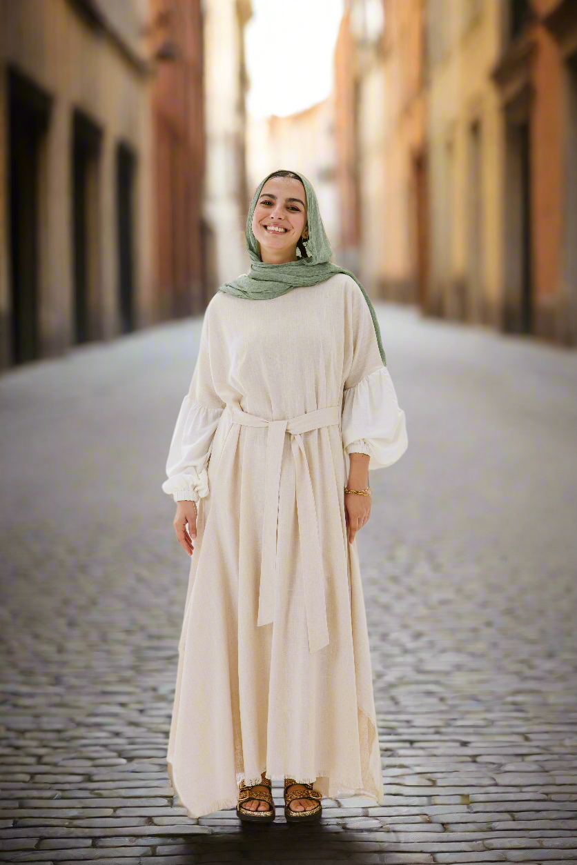 Asymmetrical Linen Wrap Dress in Beige