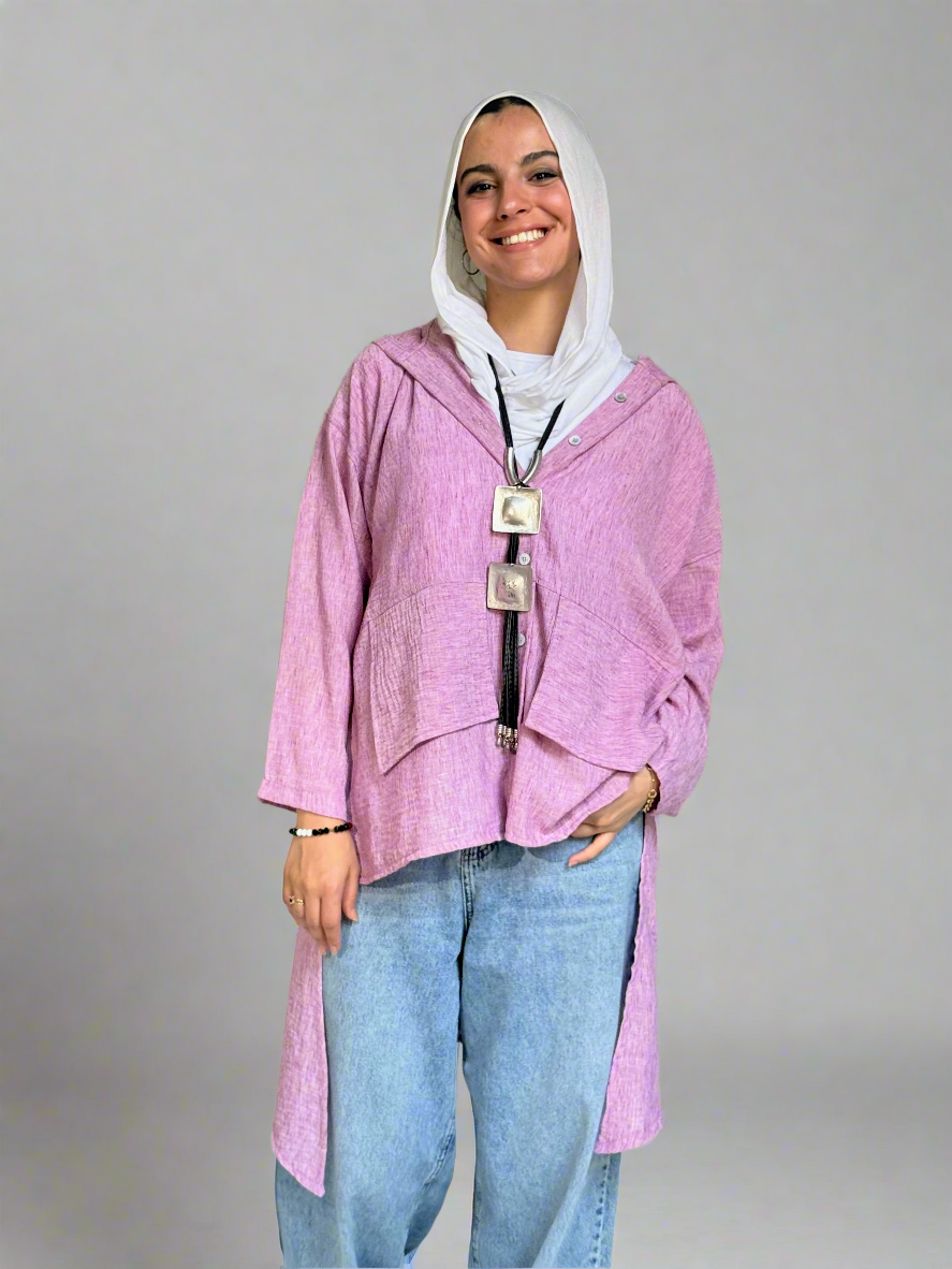 Hoodie High Low Pockets Shirt in Orchid Pink.