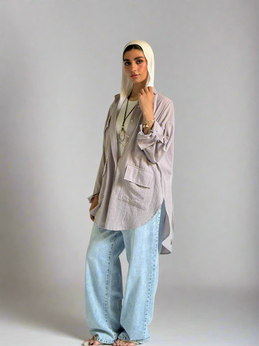 Linen Pockets Oversized High Low Shirt in Light Grey