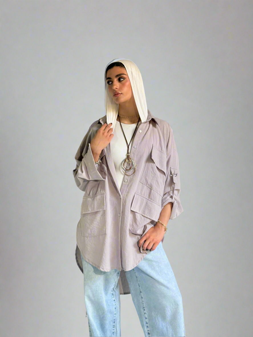 Linen Pockets Oversized High Low Shirt in Light Grey