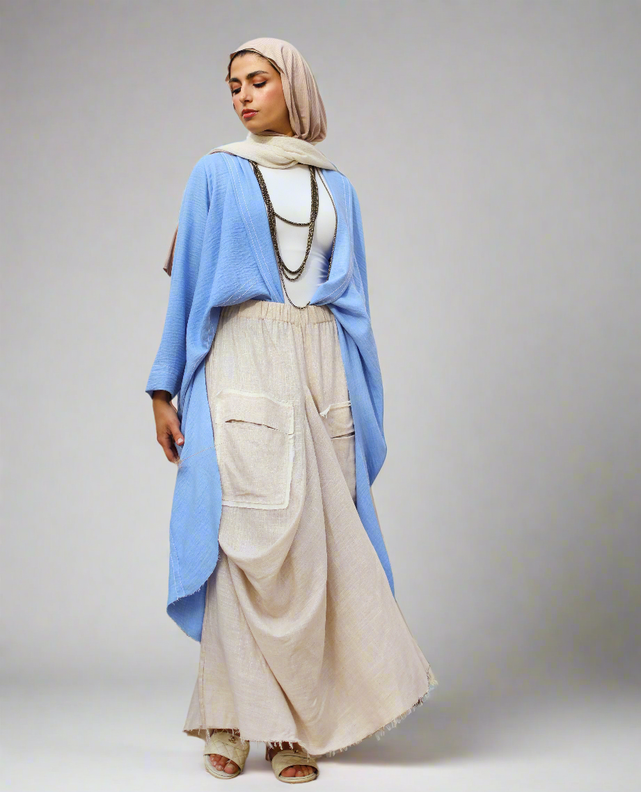 Asymmetrical Linen Pockets Skirt in Beige