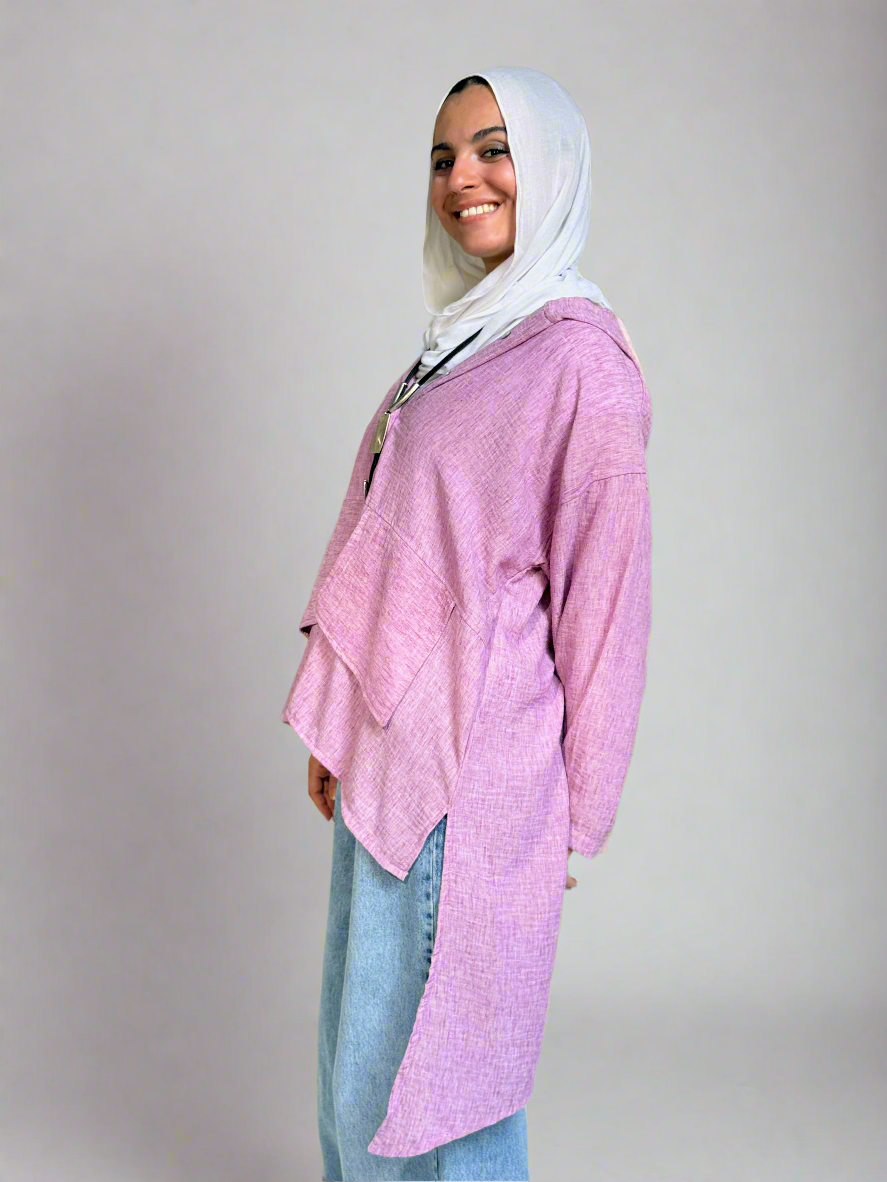 Hoodie High Low Pockets Shirt in Orchid Pink.