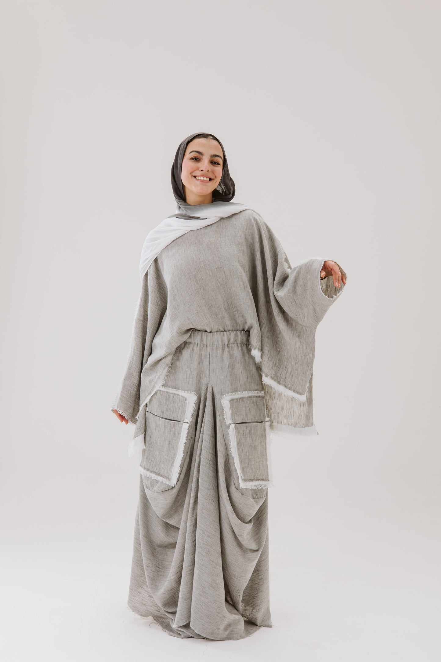 Linen Asymmetrical Pockets Skirt in Grey