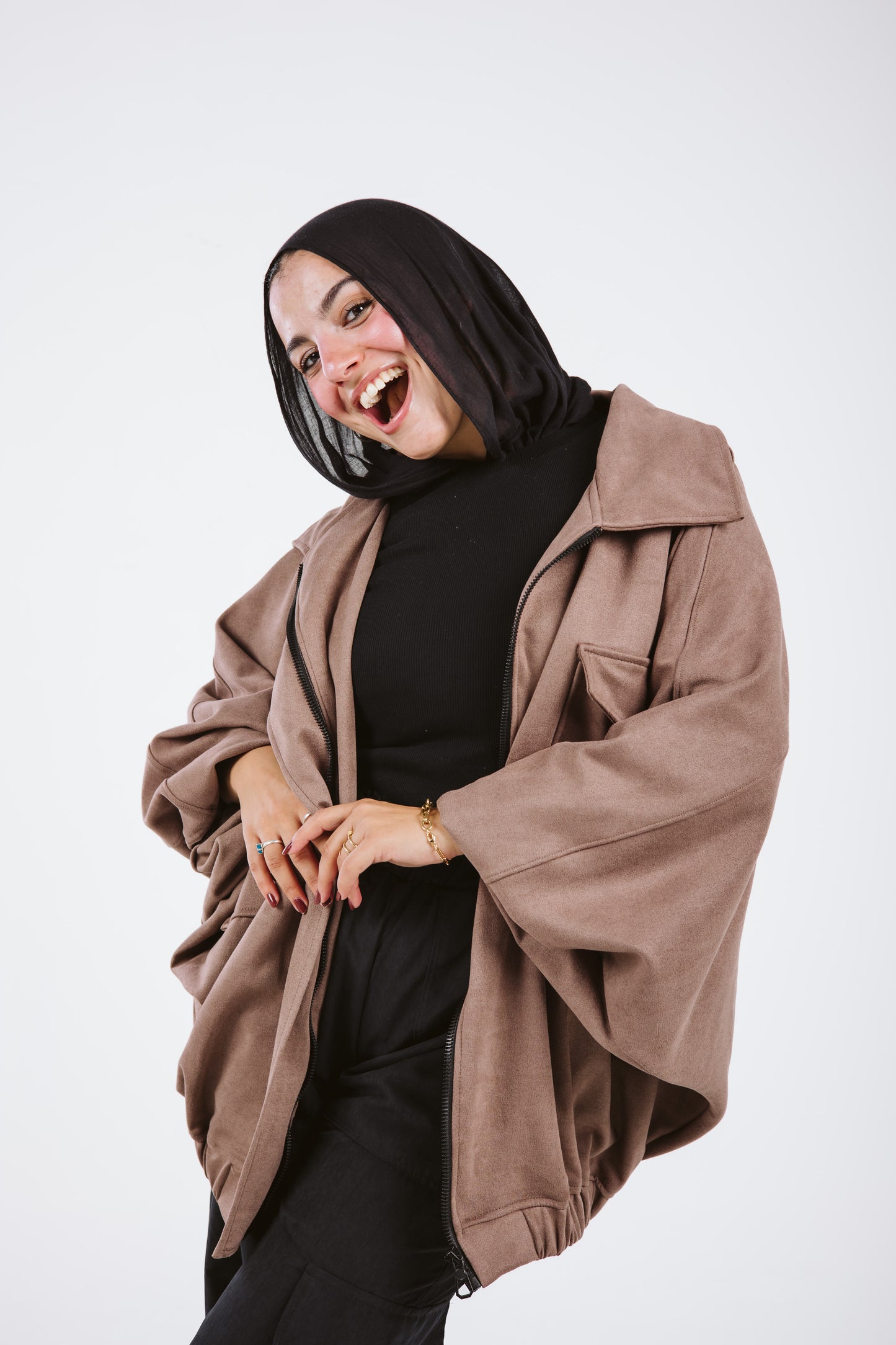 Oversized Suede Bomber Jacket in Moka