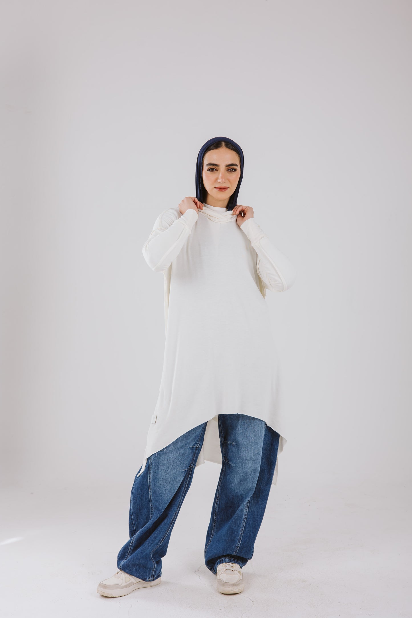 Asymmetrical Stitches Hoodie Top in White
