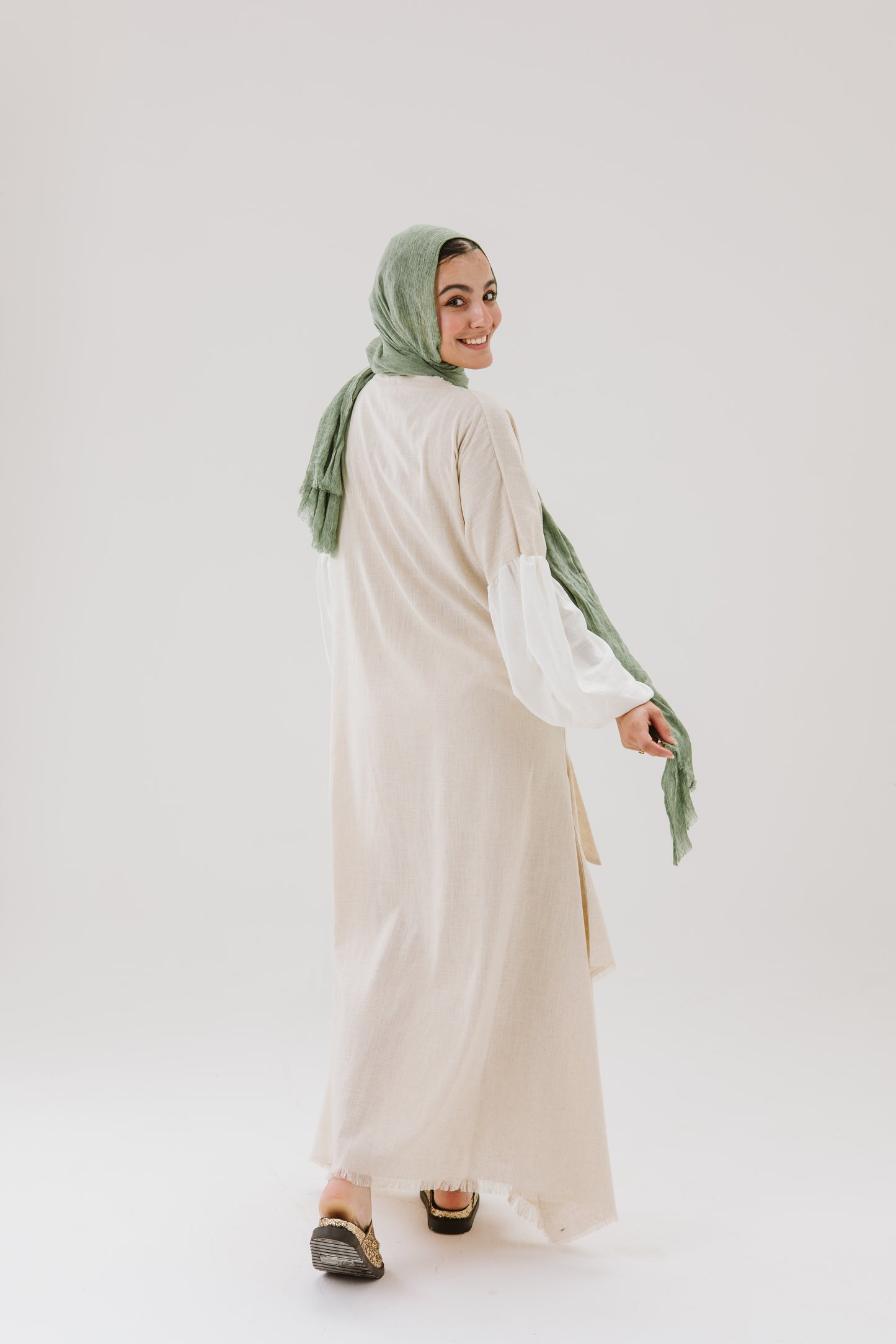 Asymmetrical Linen Wrap Dress in Beige