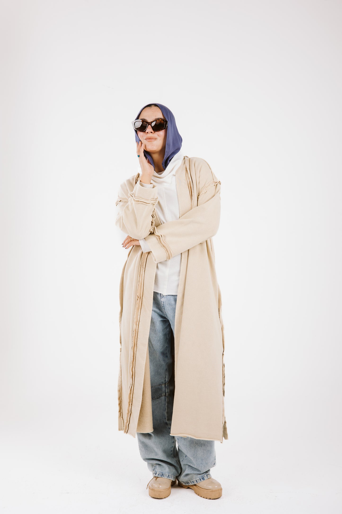Long Stitches Cotton Melton Washed Cardigan in Beige