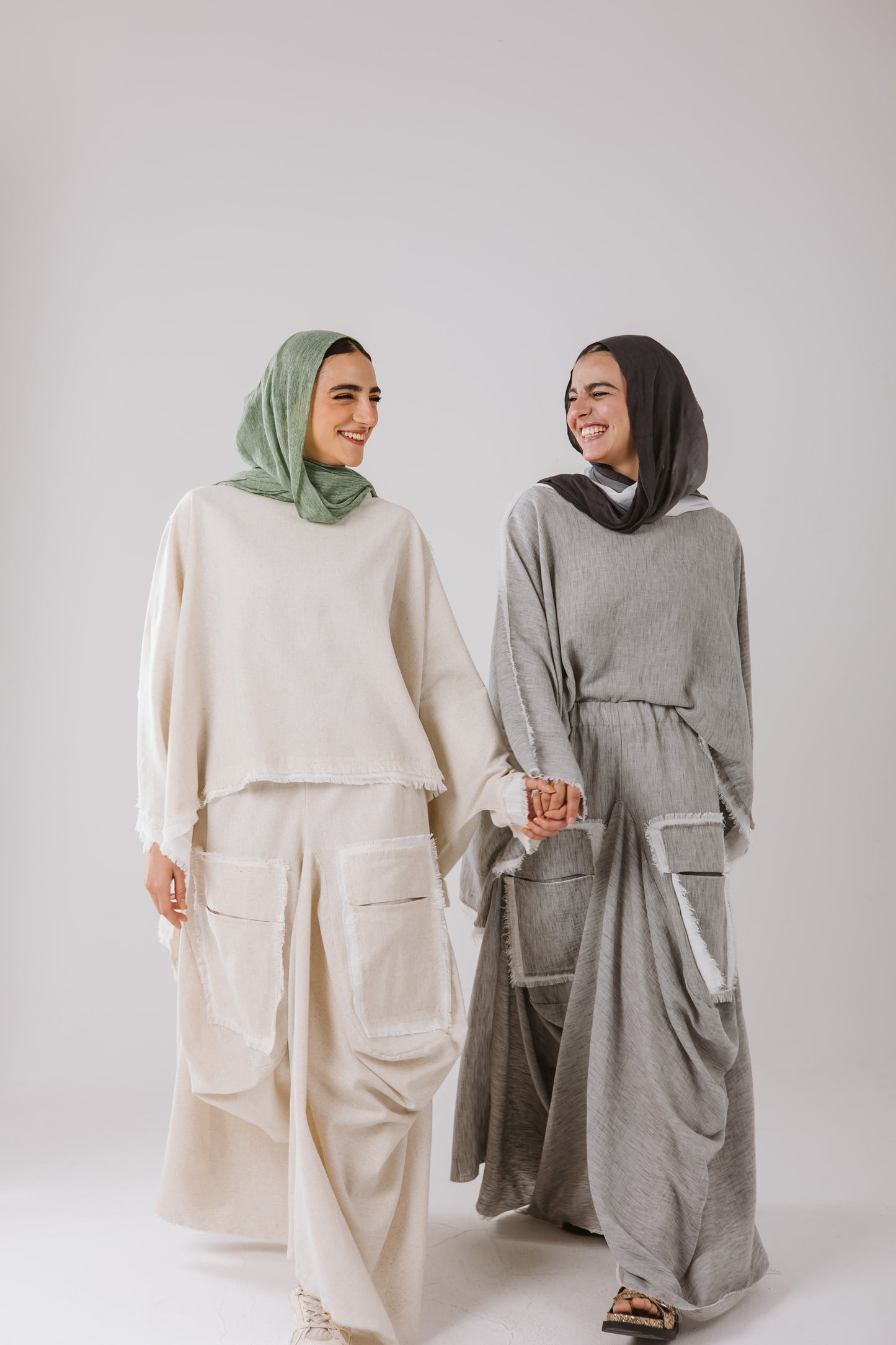 Linen Asymmetrical Pockets Skirt in Grey