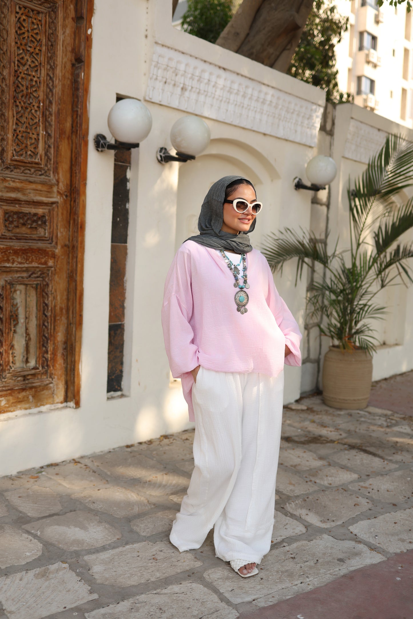 Flowy Linen Top in Powder Pink