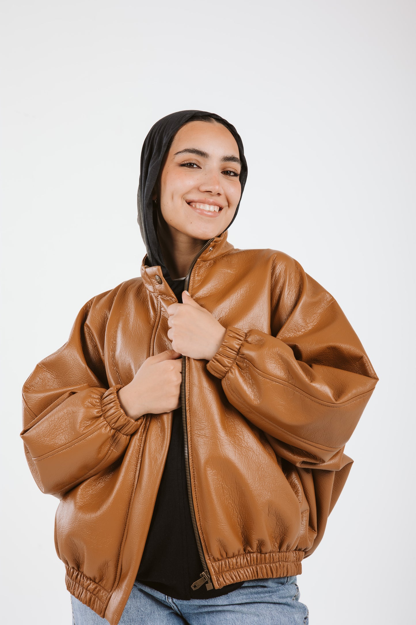 Oversized Leather Jacket in caramel
