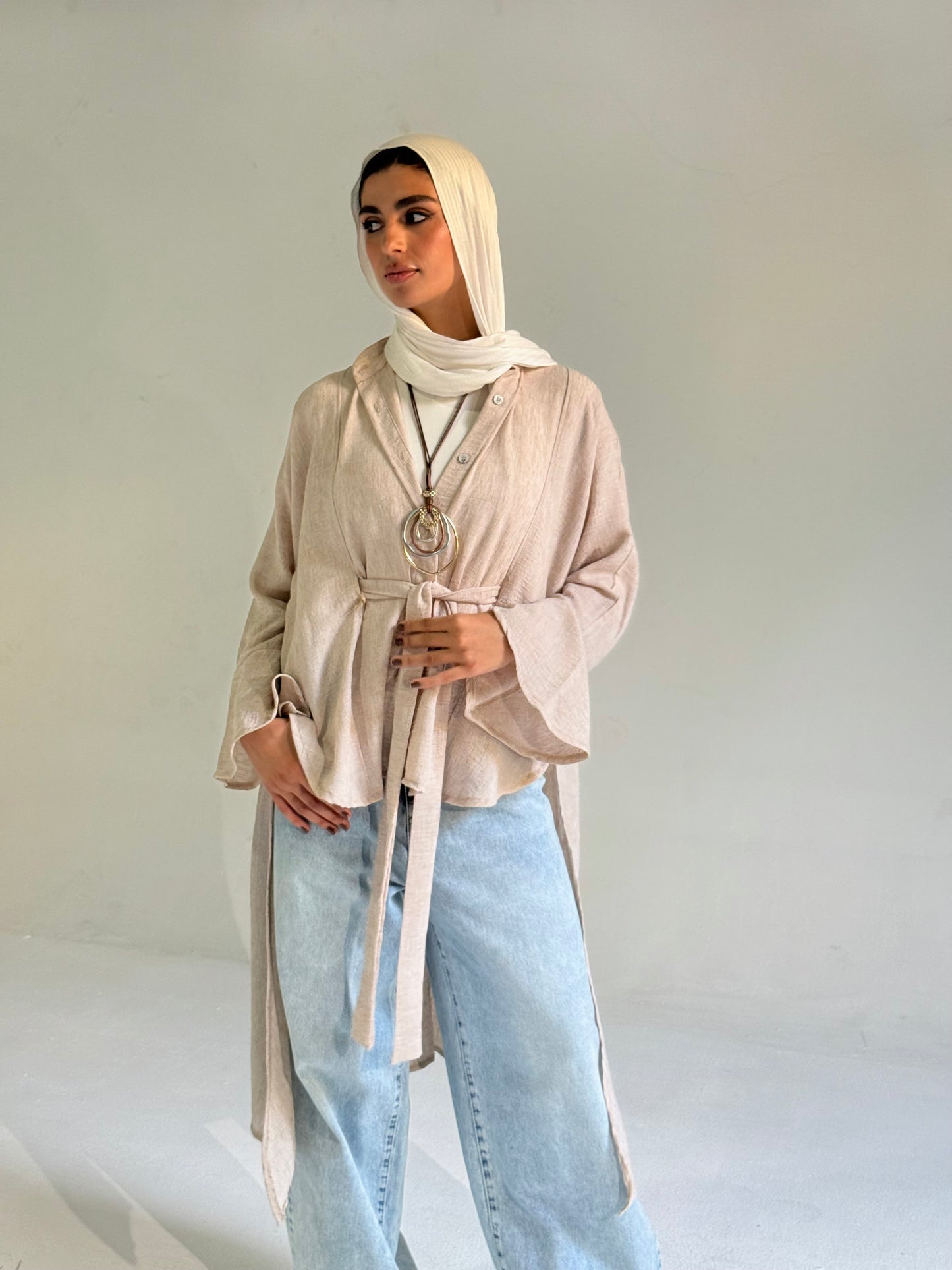 Linen Belted Asymmetrical Shirt in Beige