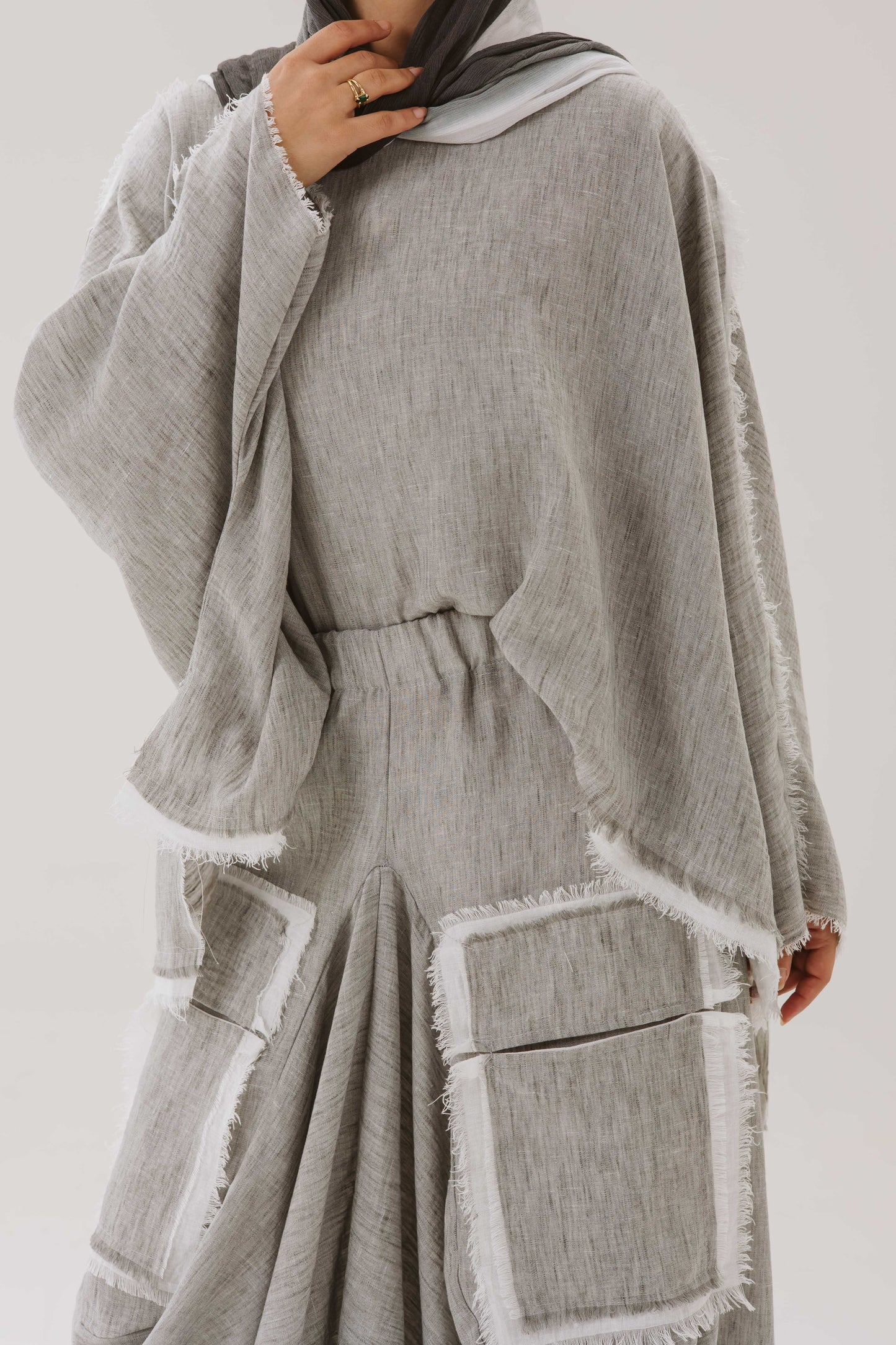 Linen Asymmetrical Pockets Skirt in Grey
