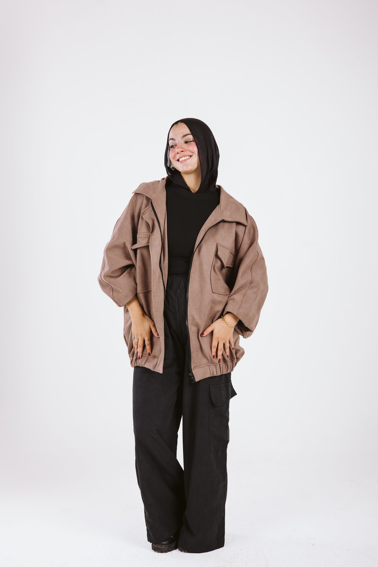 Oversized Suede Bomber Jacket in Moka