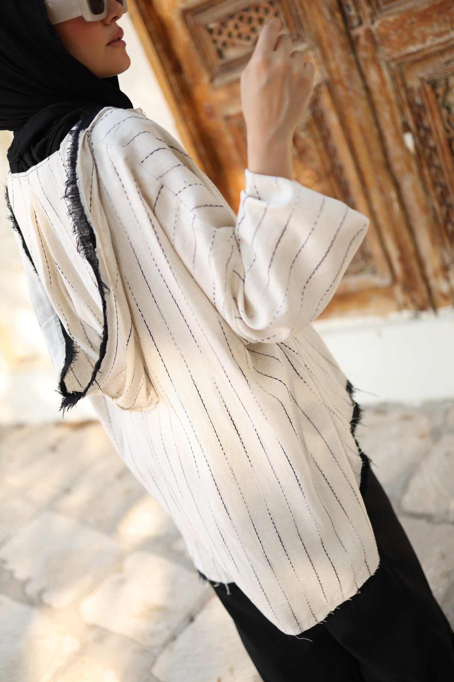 Flowy Stripes Linen Top in Ivory