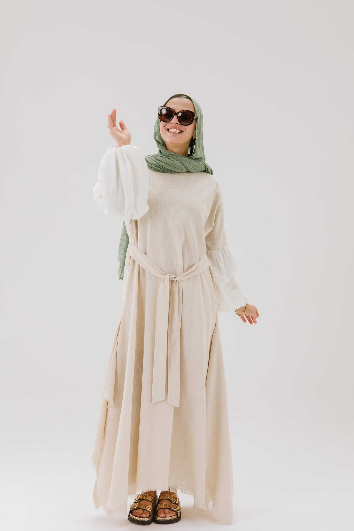 Asymmetrical Linen Wrap Dress in Beige