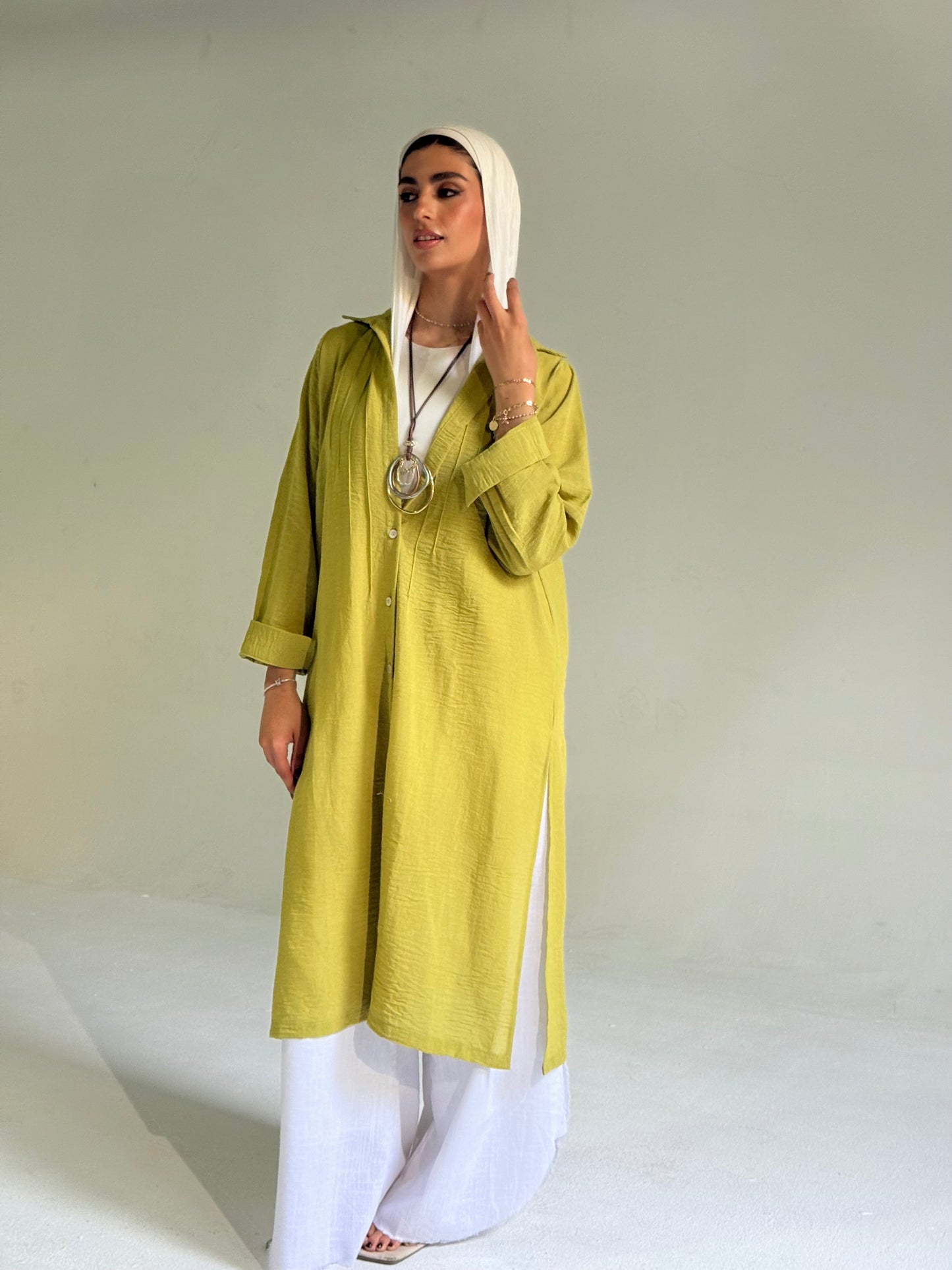 Long Linen Shirt in Olive