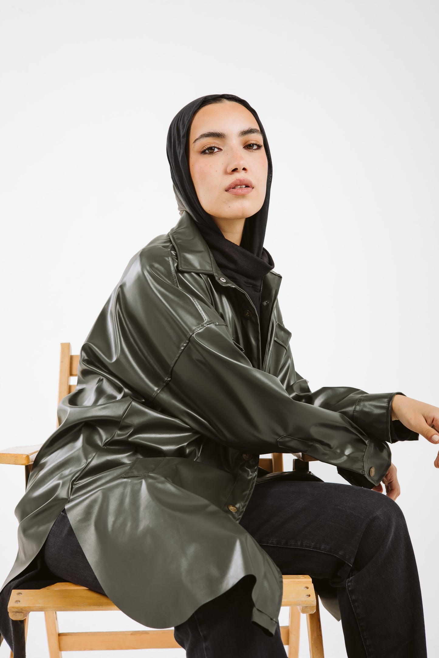 Faux Leather High Low Shirt in Olive