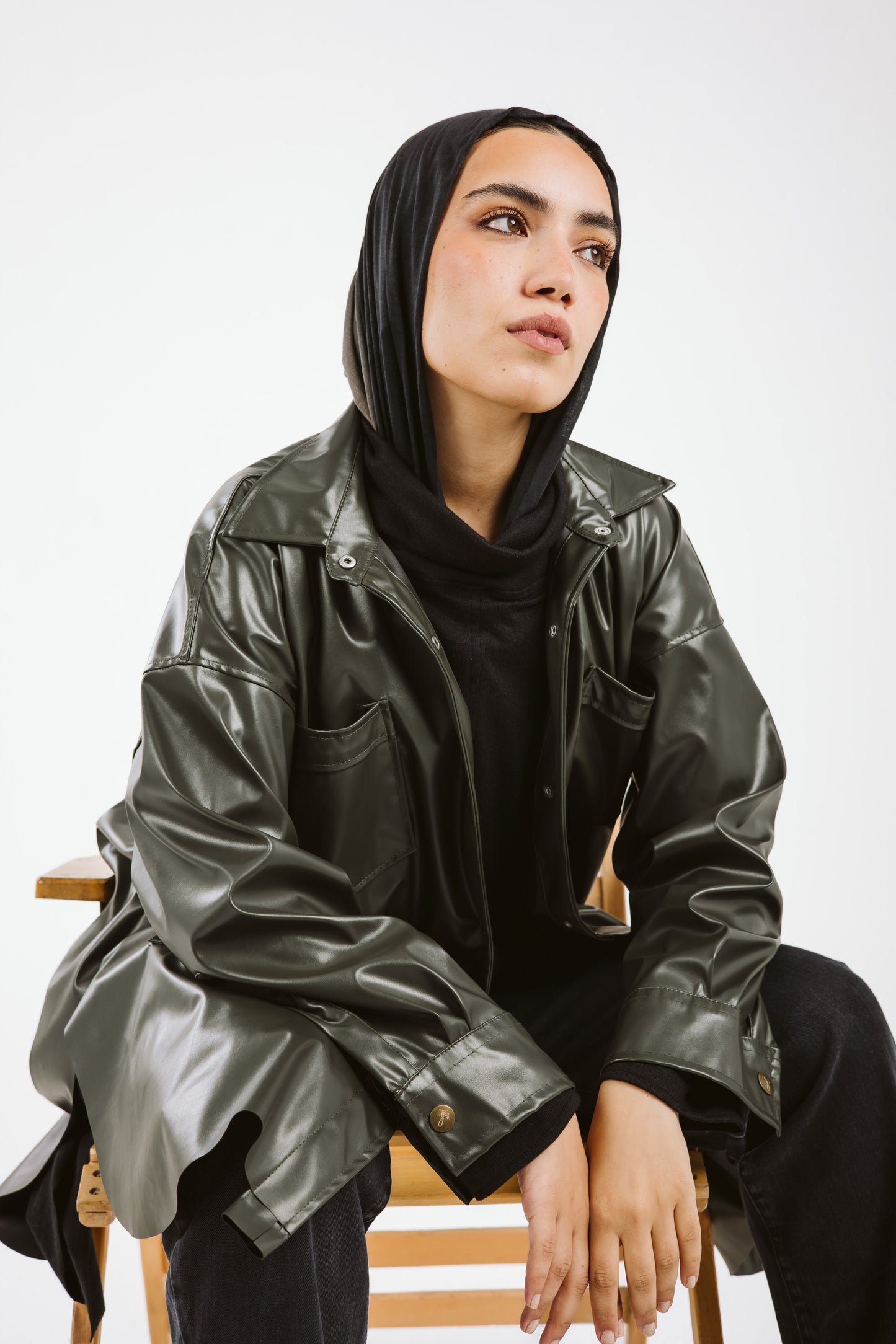 Faux Leather High Low Shirt in Olive