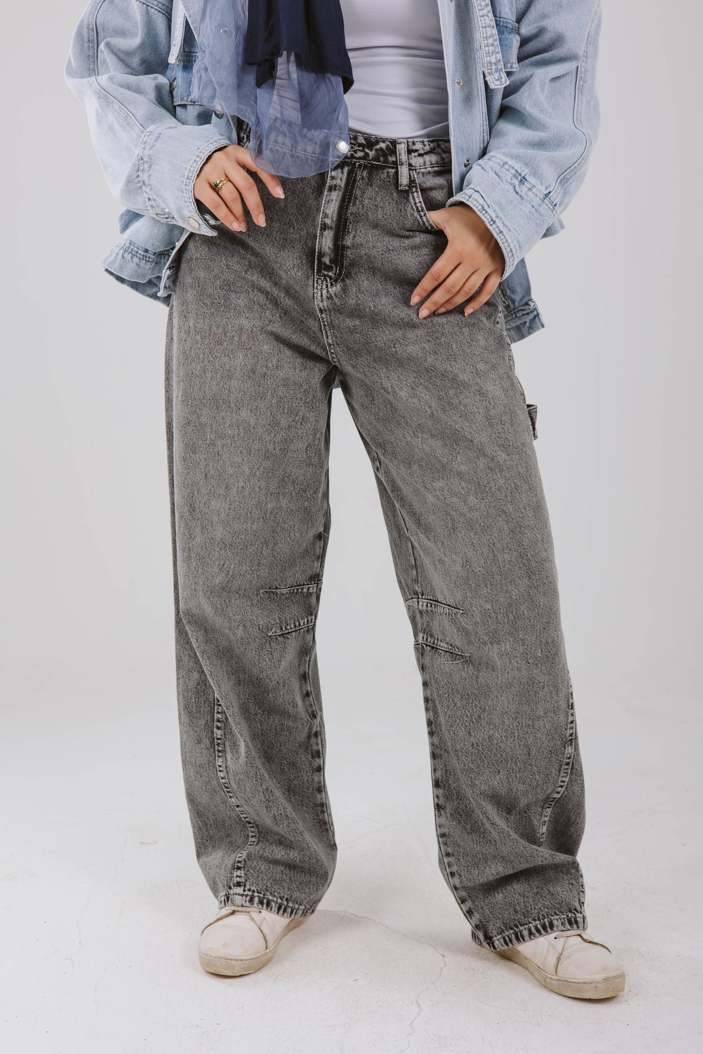 High Waist Balloon Denim Pants in Washed Gray