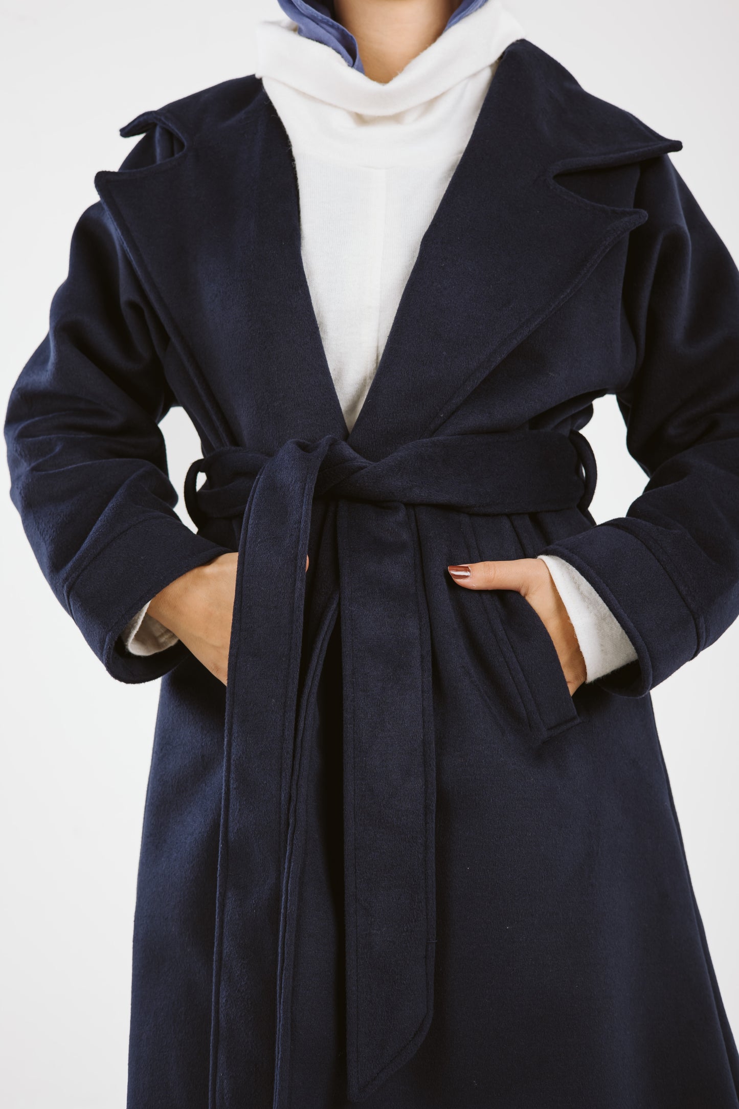 Woolen Trench Coat in Navy Blue