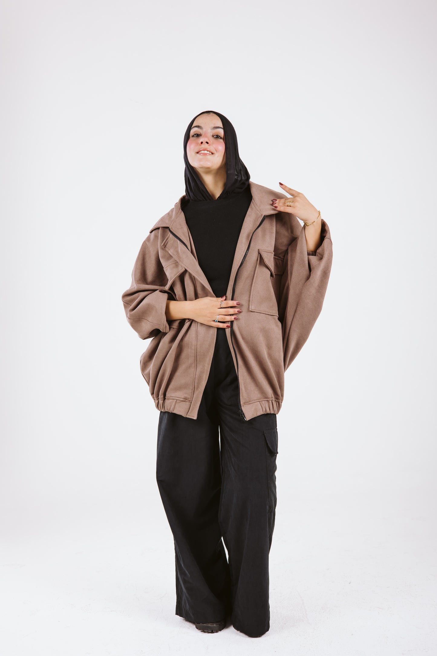Oversized Suede Bomber Jacket in Moka