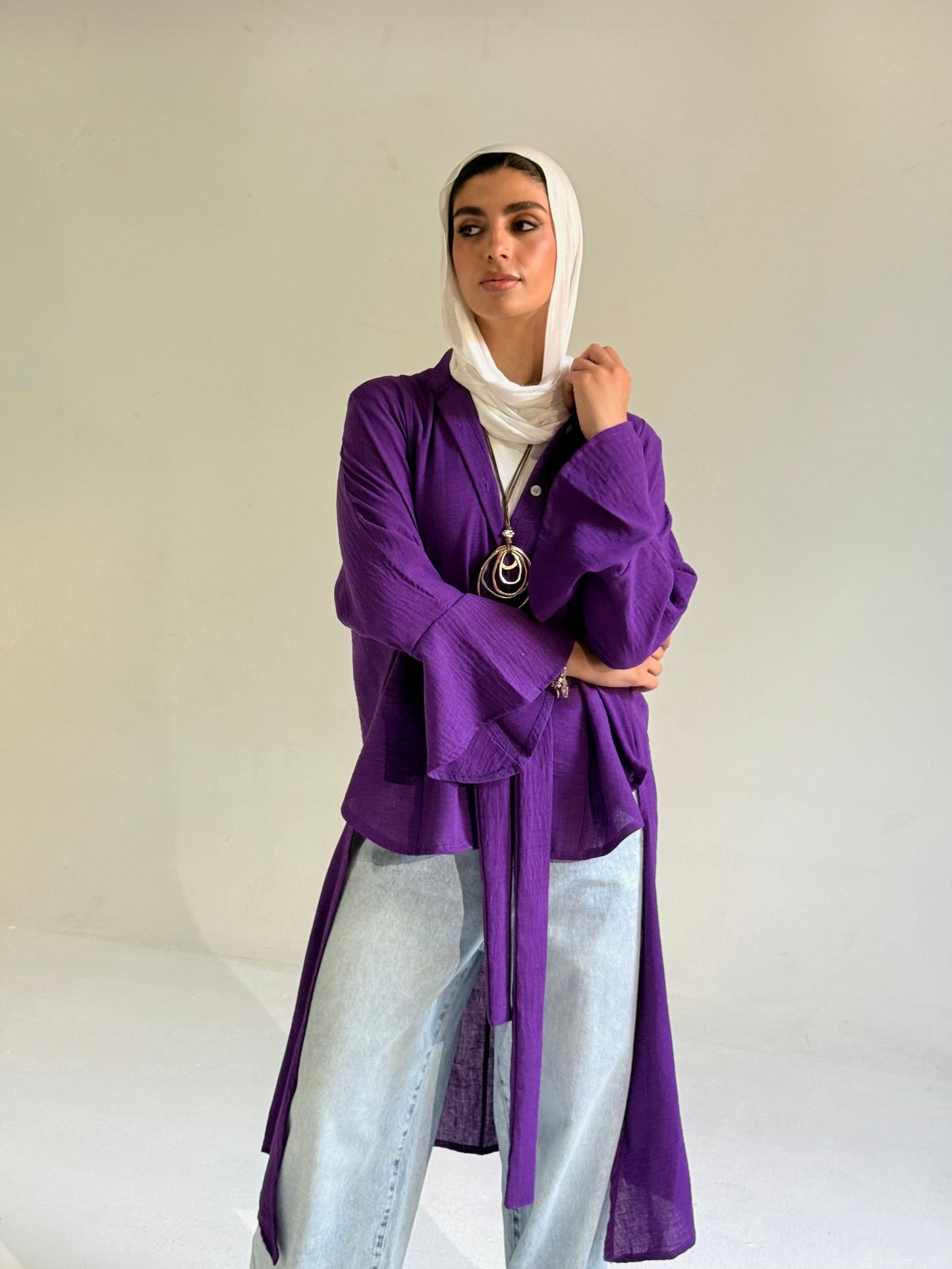 Linen Belted Asymmetrical Shirt in Purple