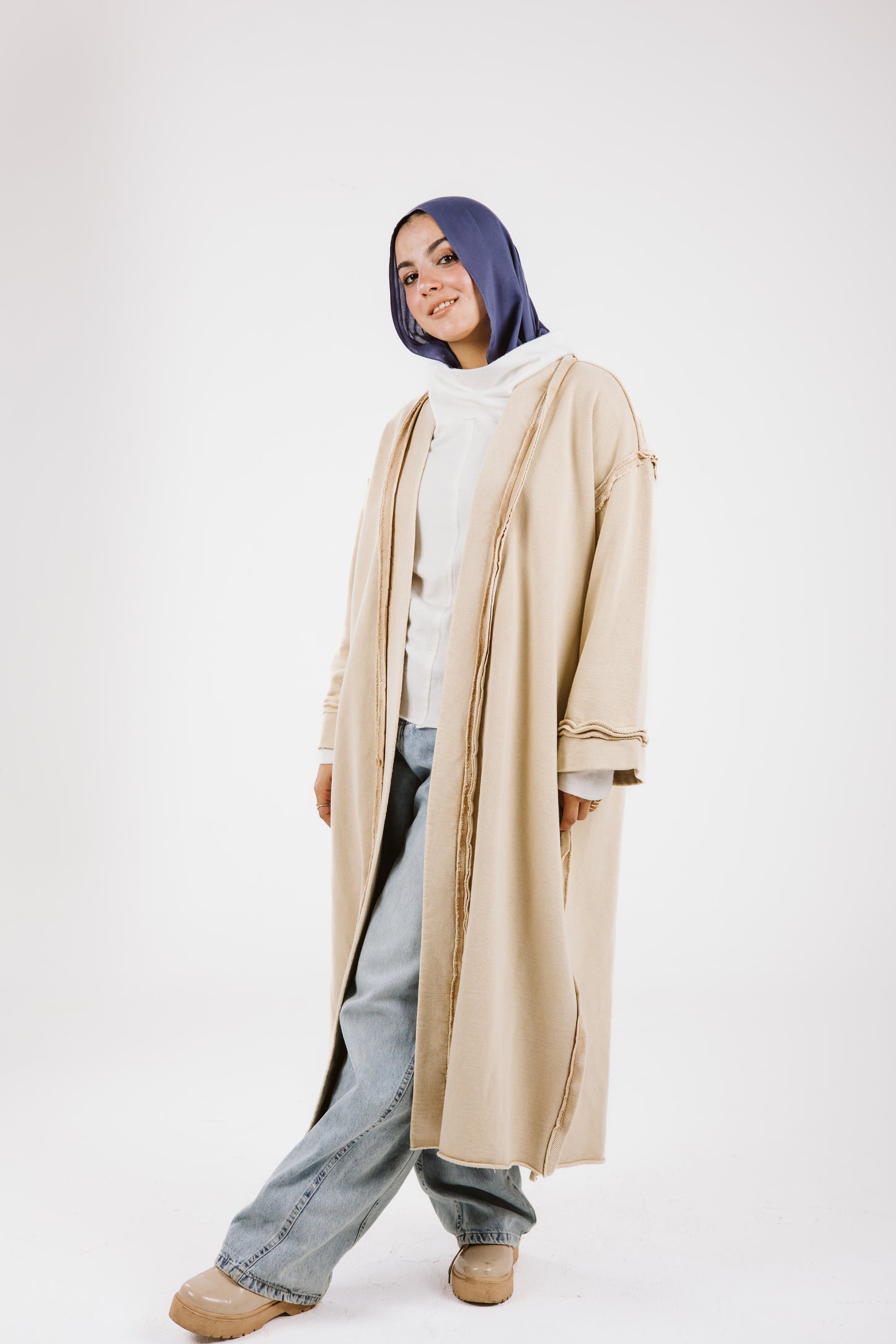 Long Stitches Cotton Melton Washed Cardigan in Beige