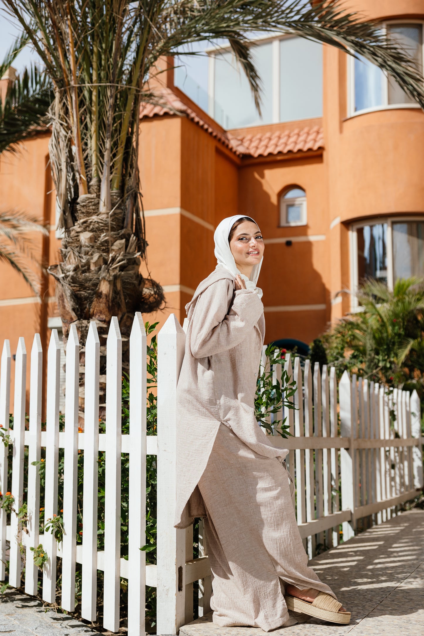 Hoodie Linen Shirt Set in Beige