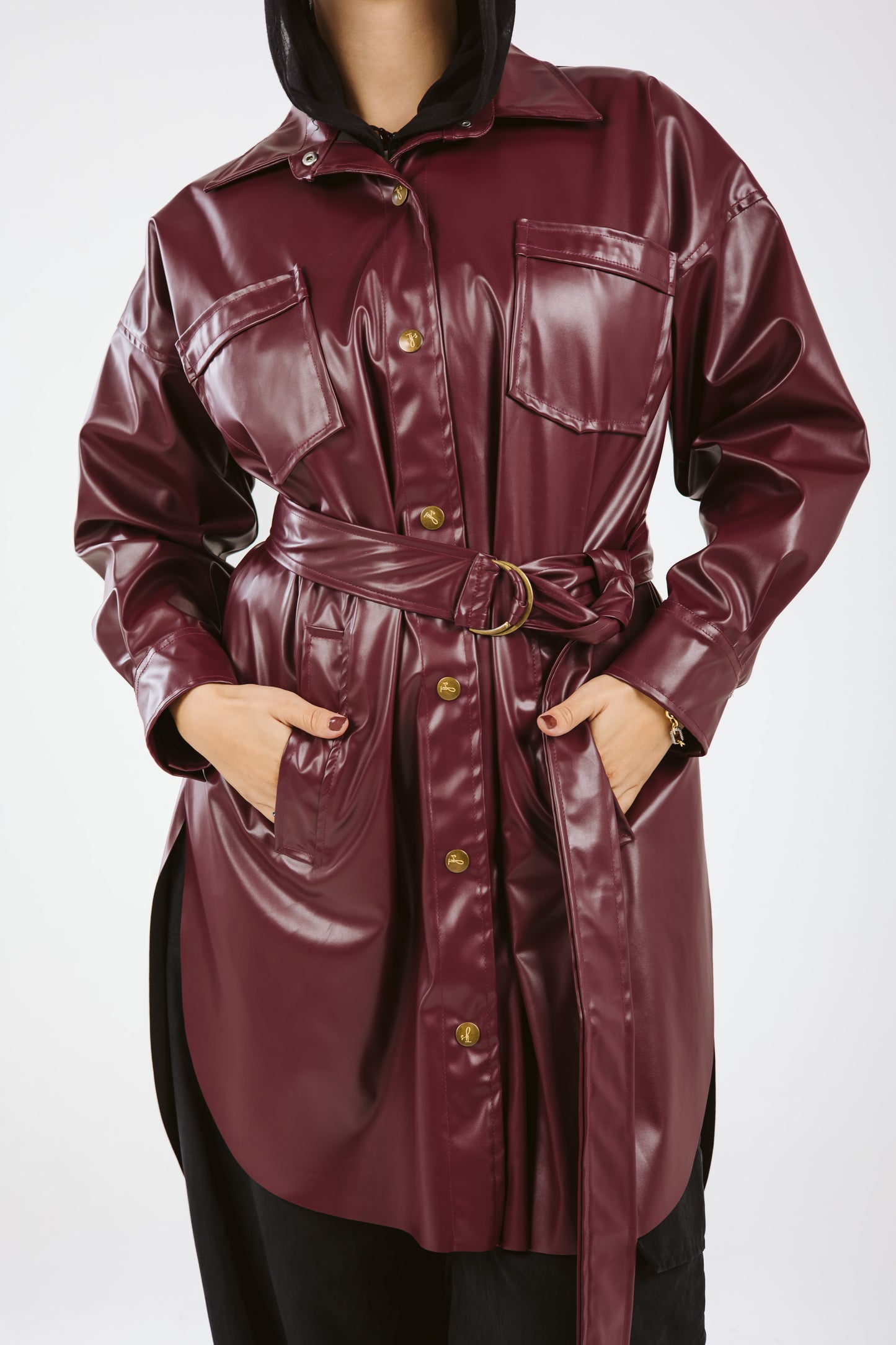 Faux Leather High Low Shirt in Burgundy