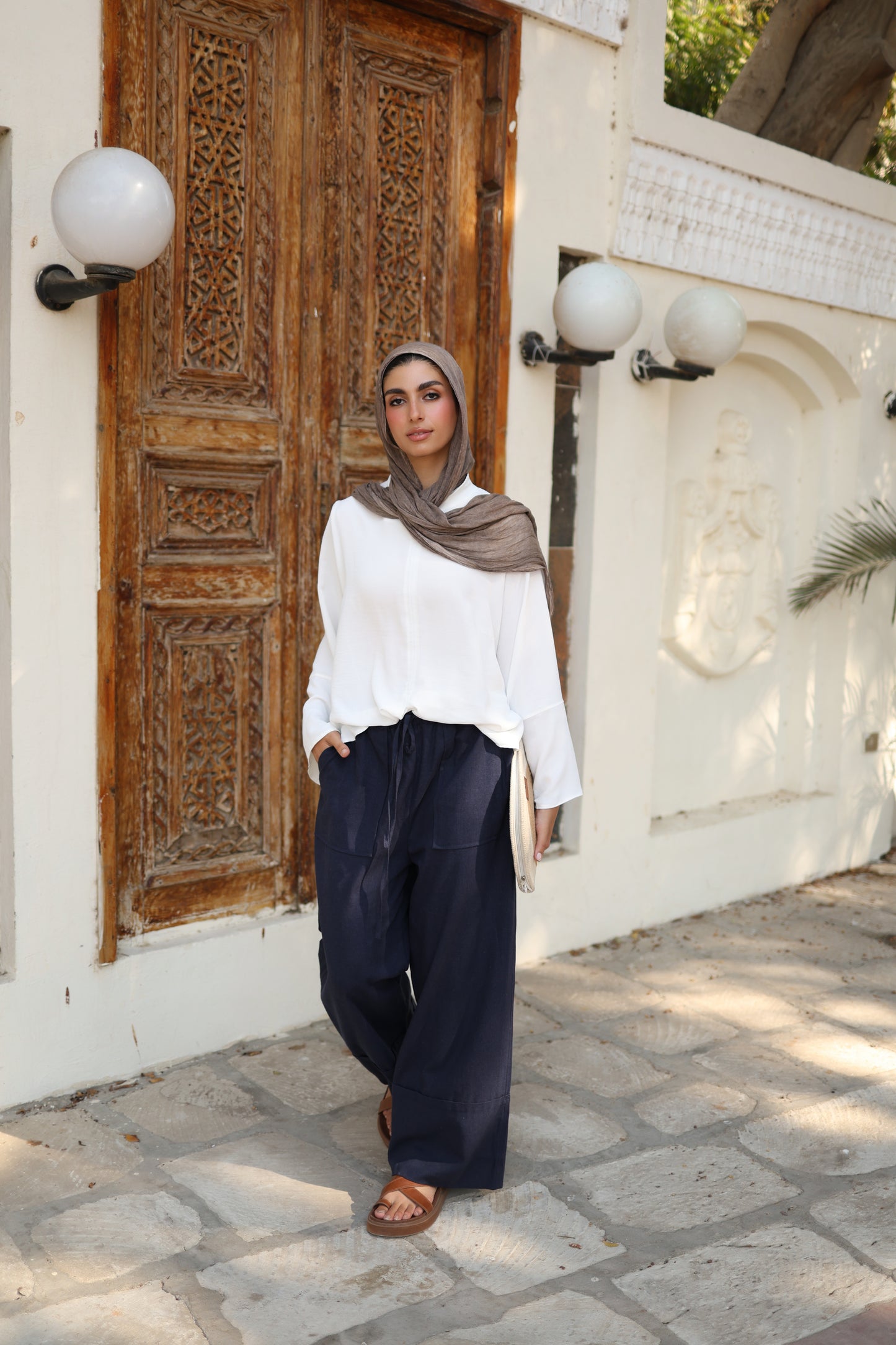 Linen wide Pants in Navy Blue