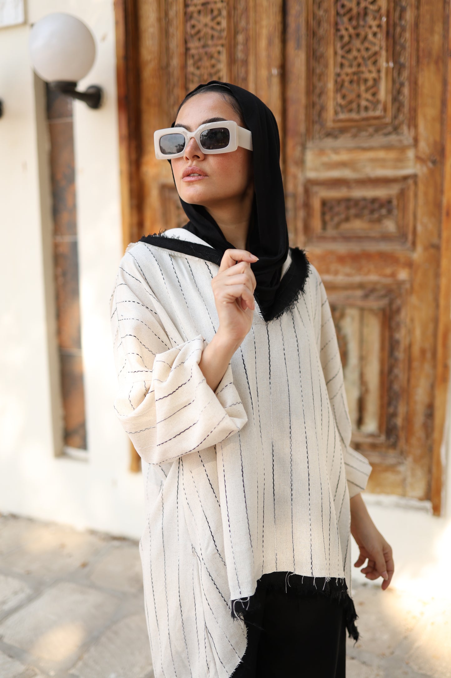 Flowy Stripes Linen Top in Ivory