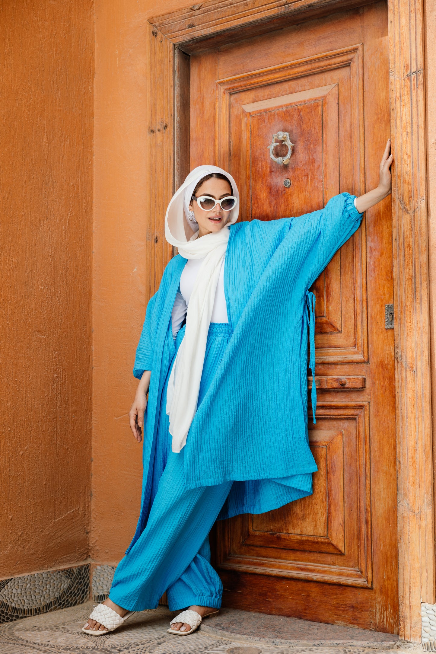 Puffy Sleeves Pleated Set in Turquoise