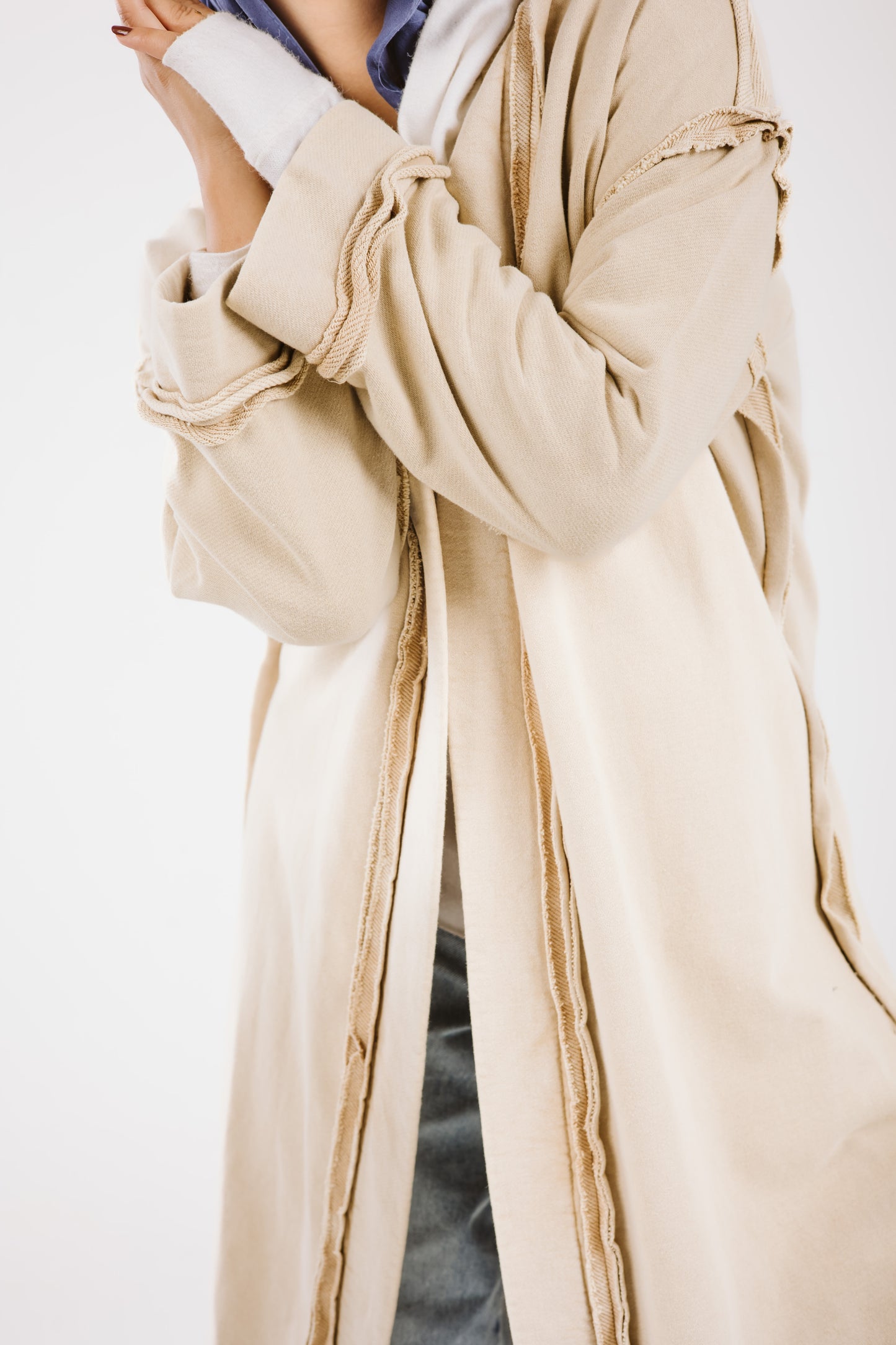 Long Stitches Cotton Melton Washed Cardigan in Beige