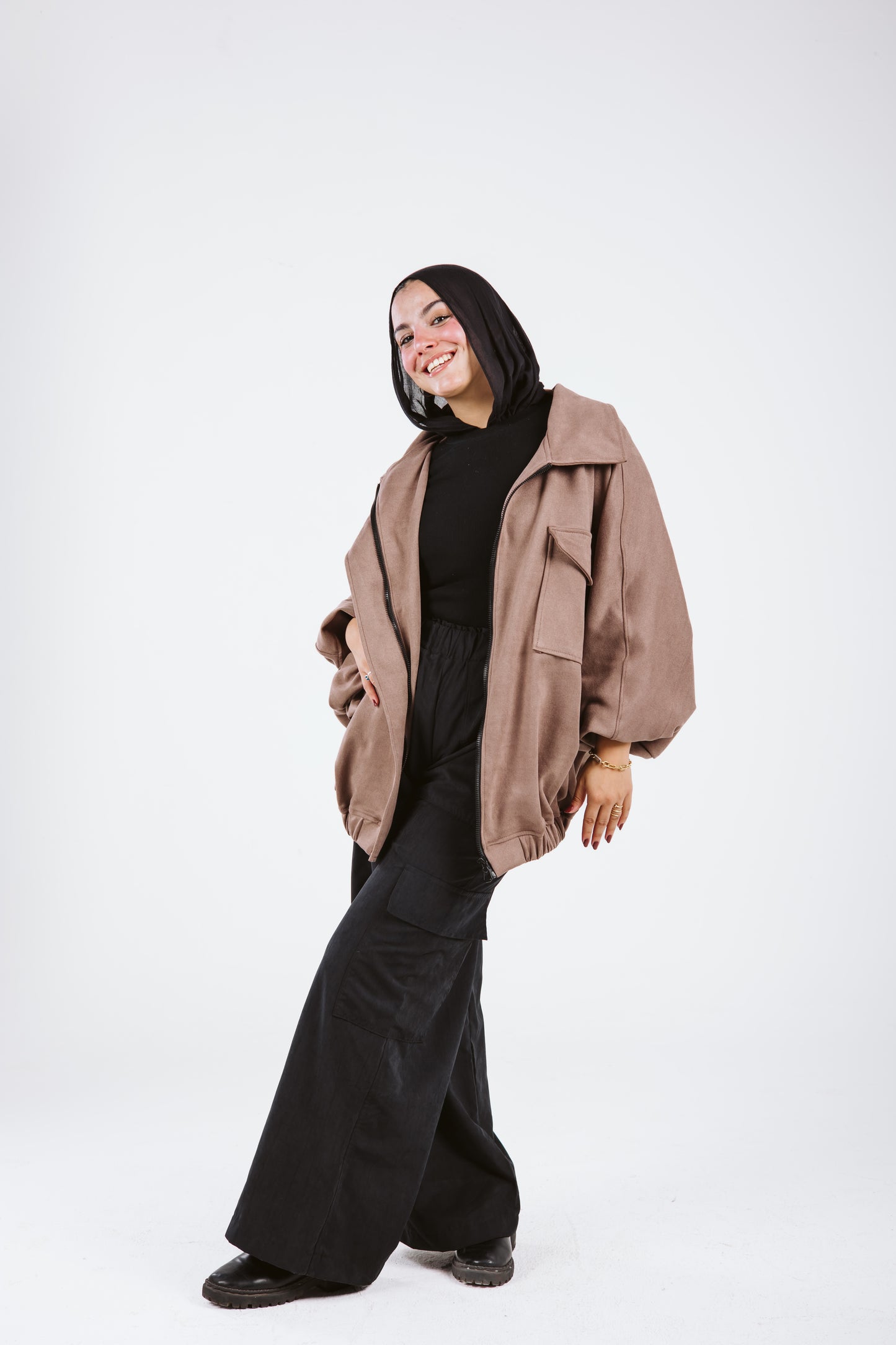 Oversized Suede Bomber Jacket in Moka