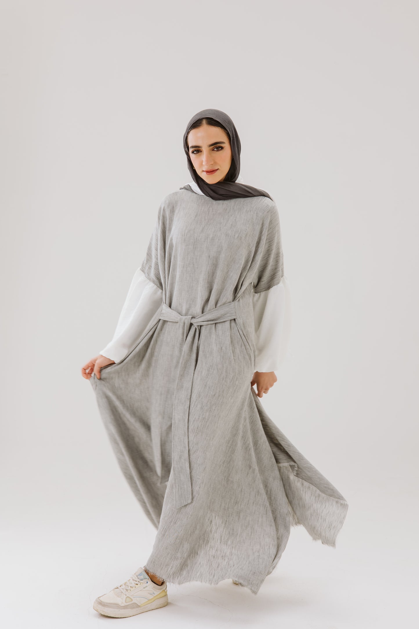 Asymmetrical Linen Wrap Dress in Grey