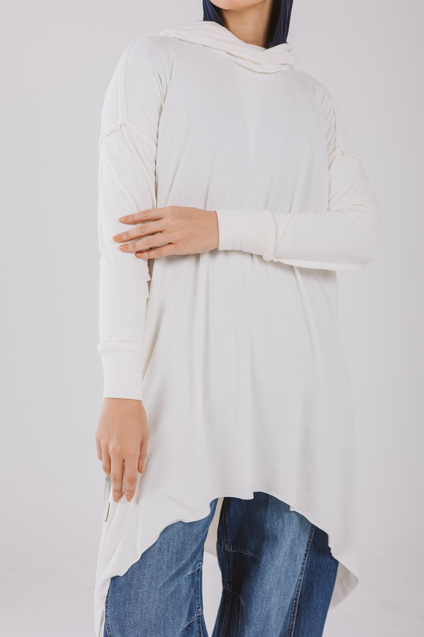Asymmetrical Stitches Hoodie Top in White