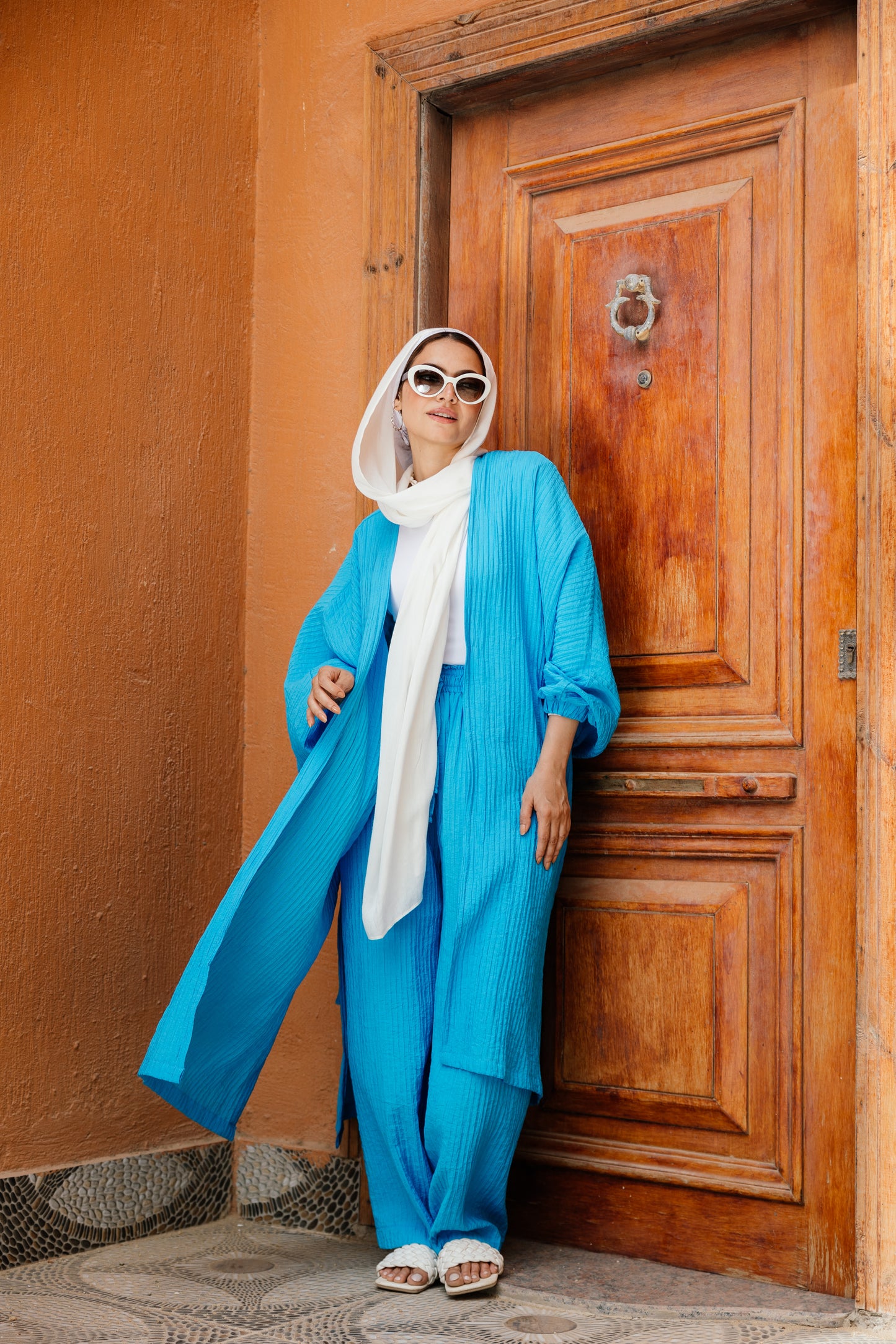 Puffy Sleeves Pleated Set in Turquoise
