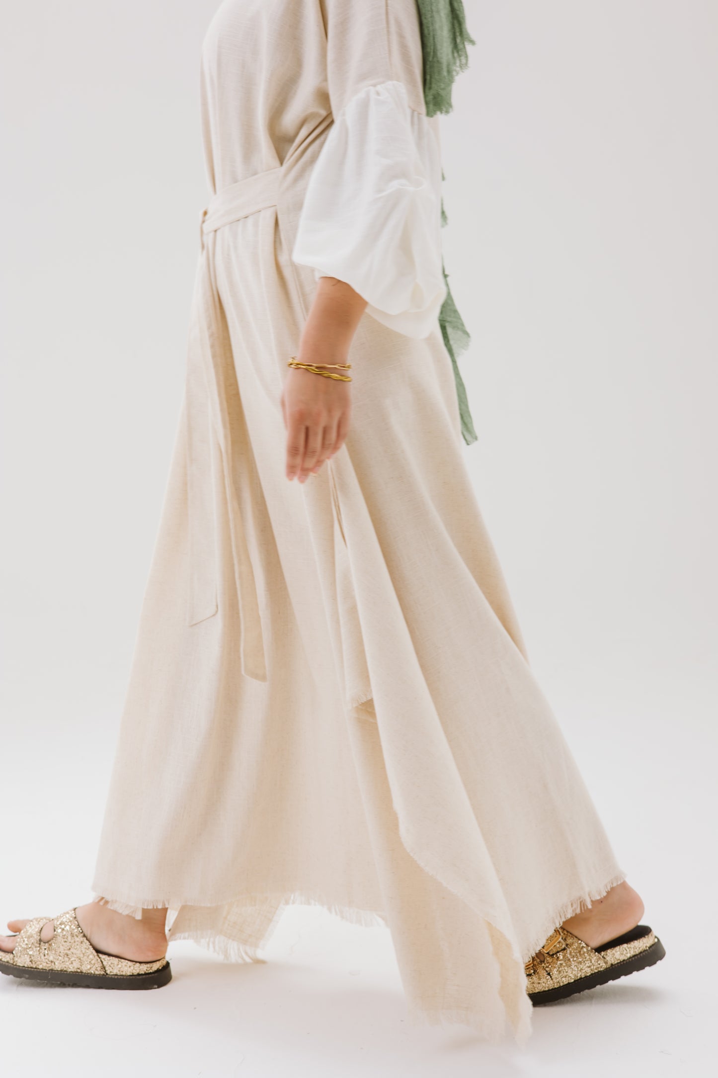 Asymmetrical Linen Wrap Dress in Beige