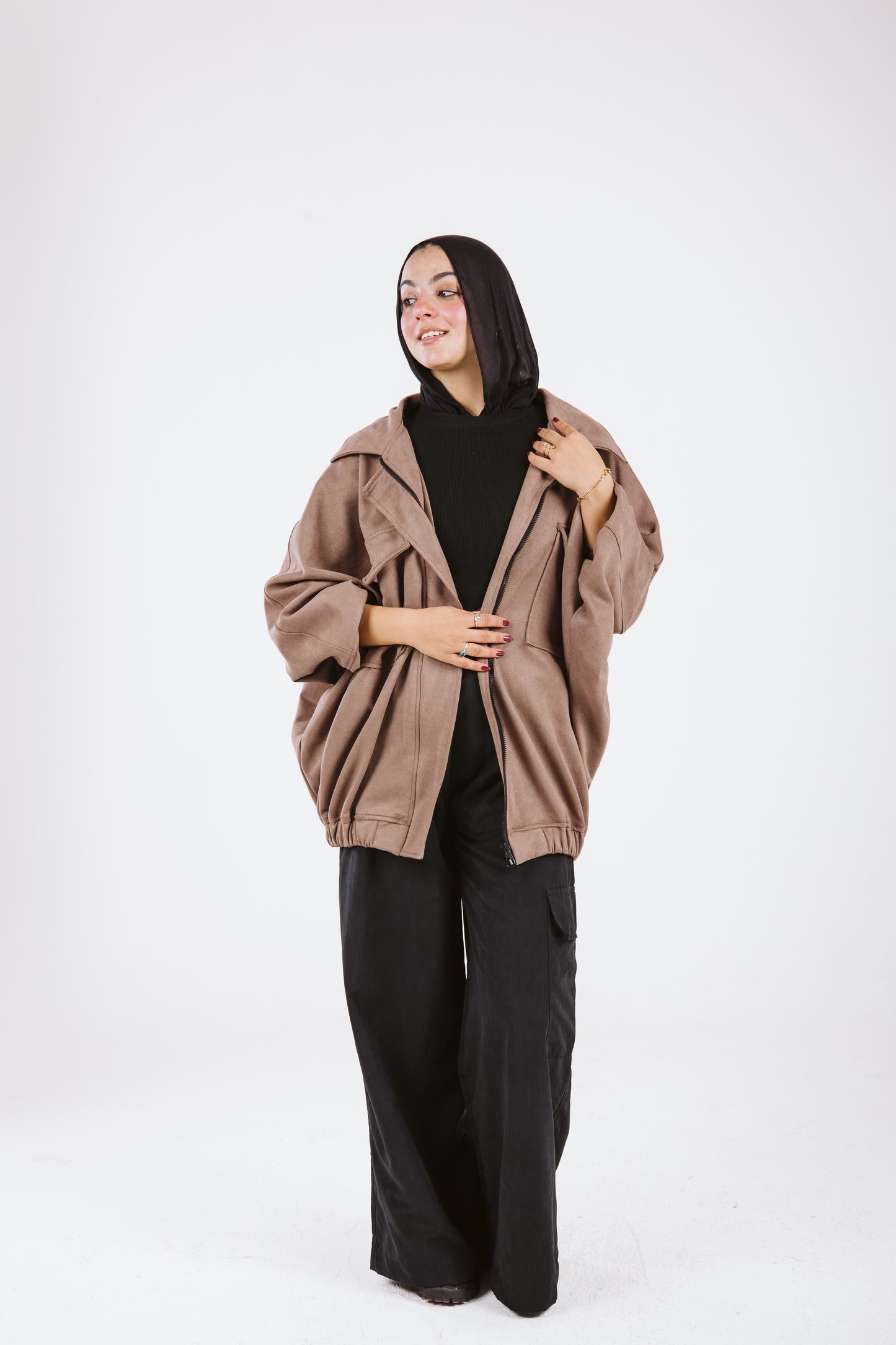 Oversized Suede Bomber Jacket in Moka