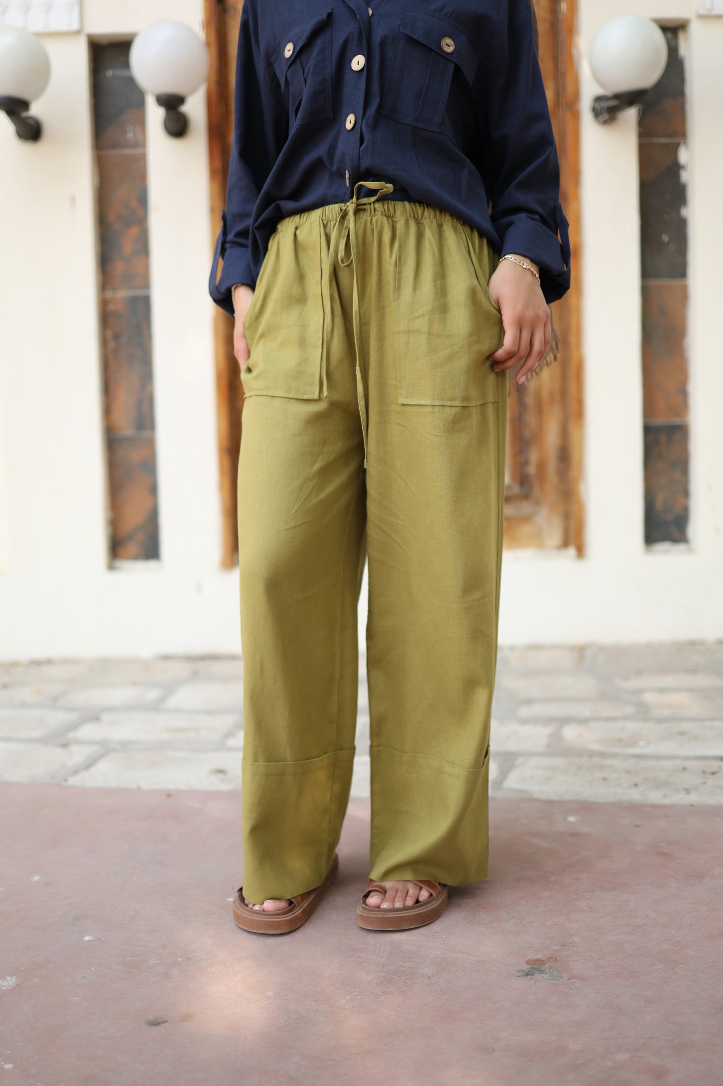 Wide Linen Pants in Olive