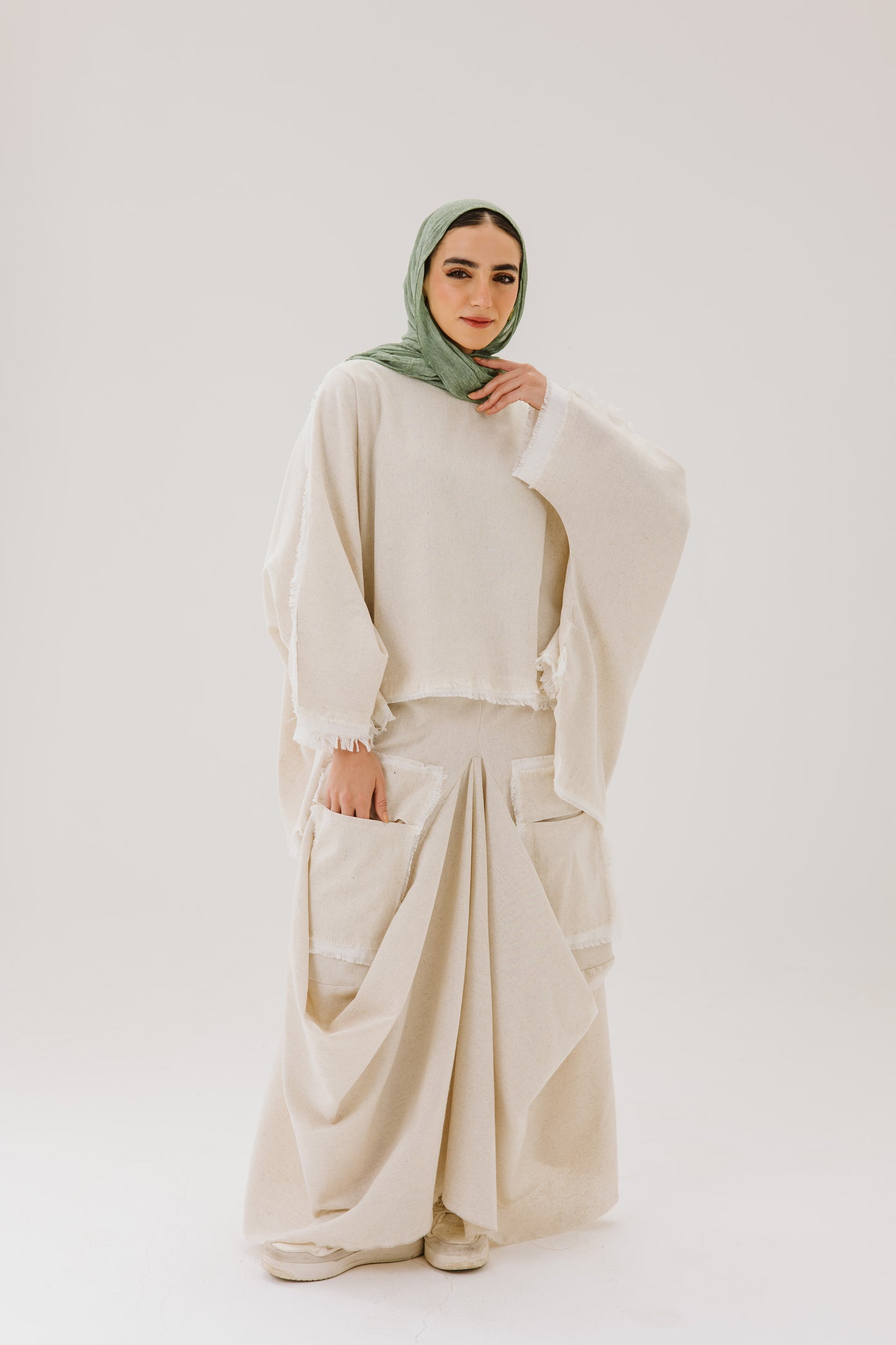 Asymmetrical Linen Pockets Skirt in Beige