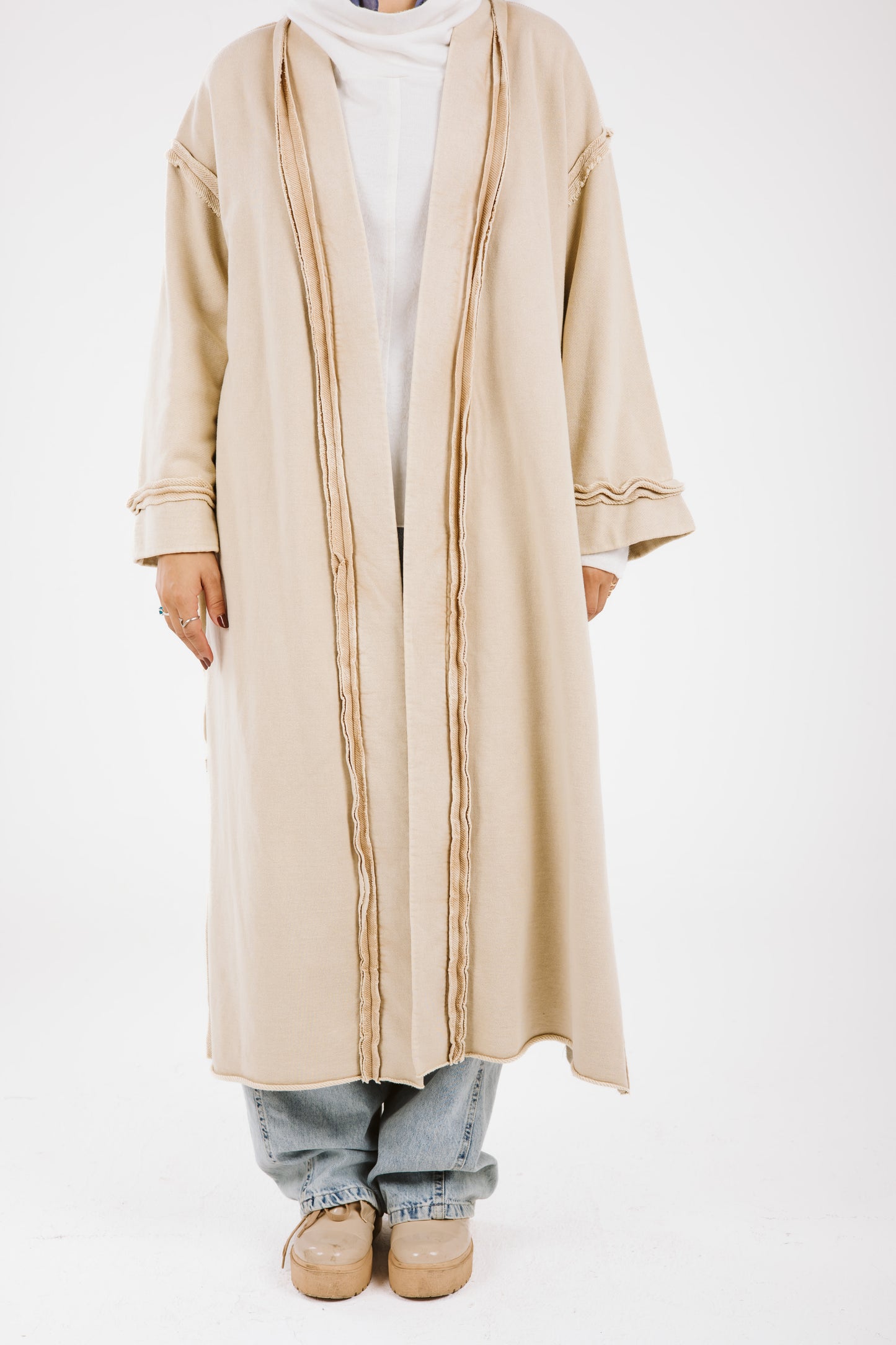 Long Stitches Cotton Melton Washed Cardigan in Beige