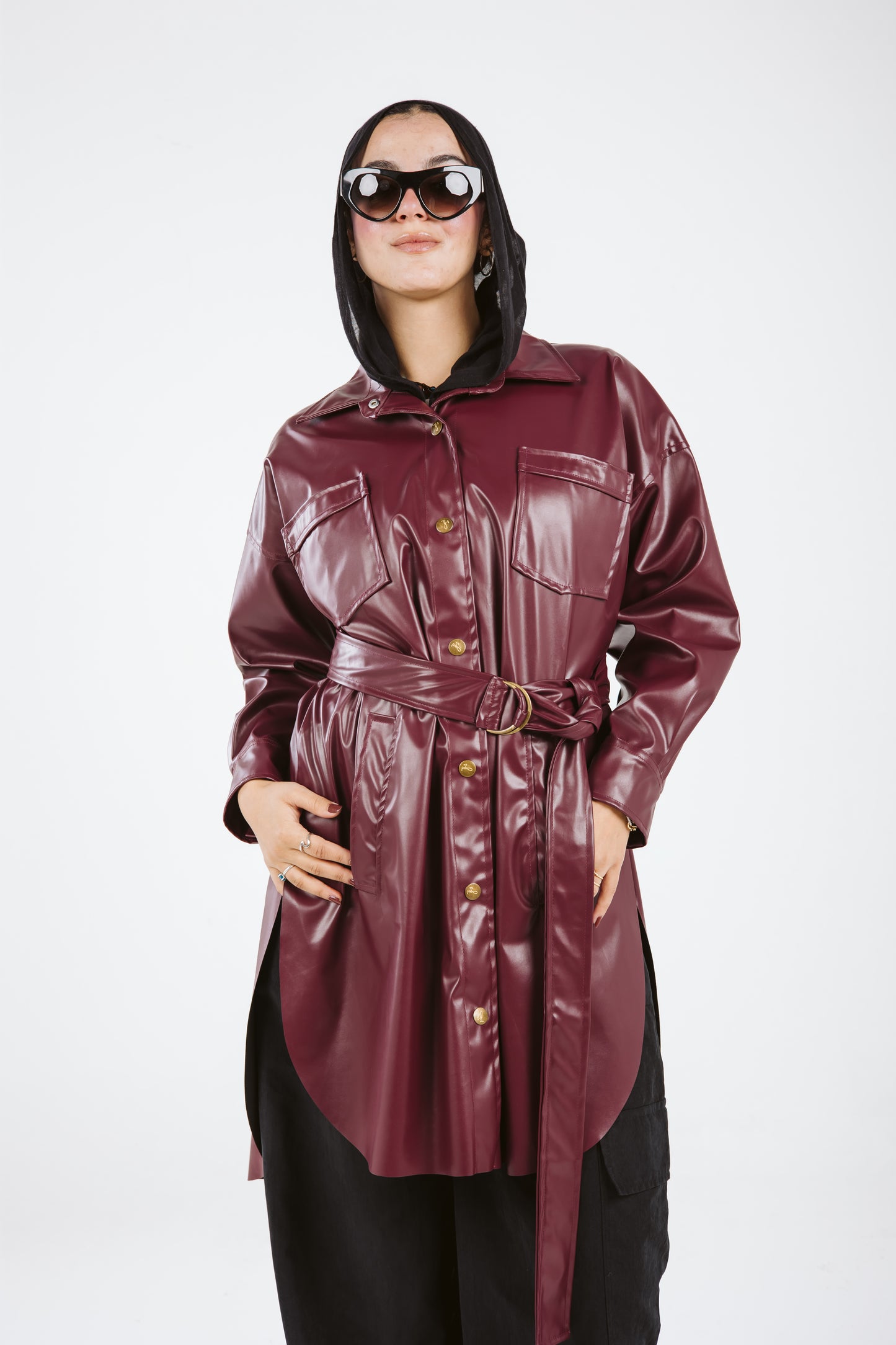 Faux Leather High Low Shirt in Burgundy