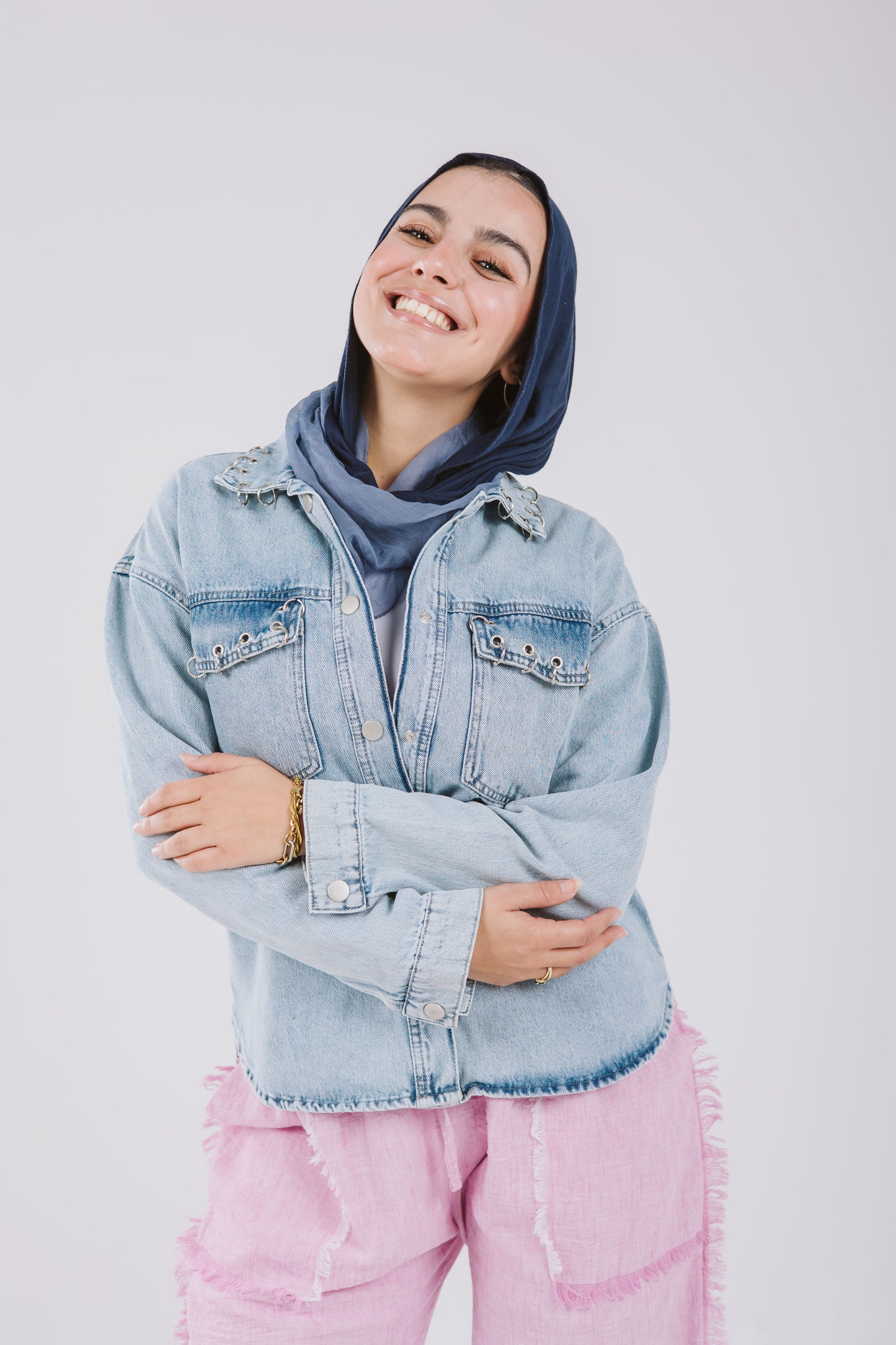 Denim Pockets Shirt with silver rings